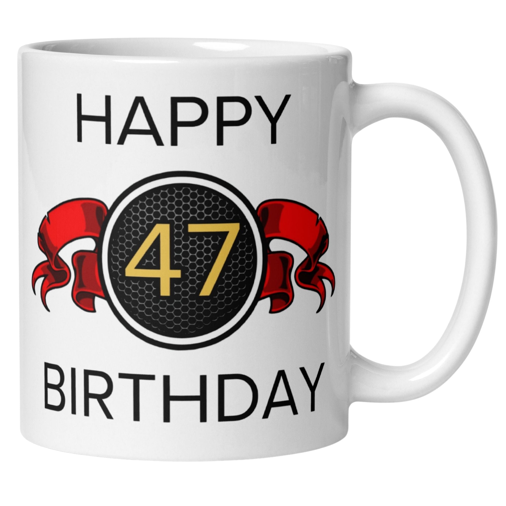 Momentals® Tasse 47. Geburtstag | Wappen & Spruch | Happy Birthday mit roter Schleife • Momentals