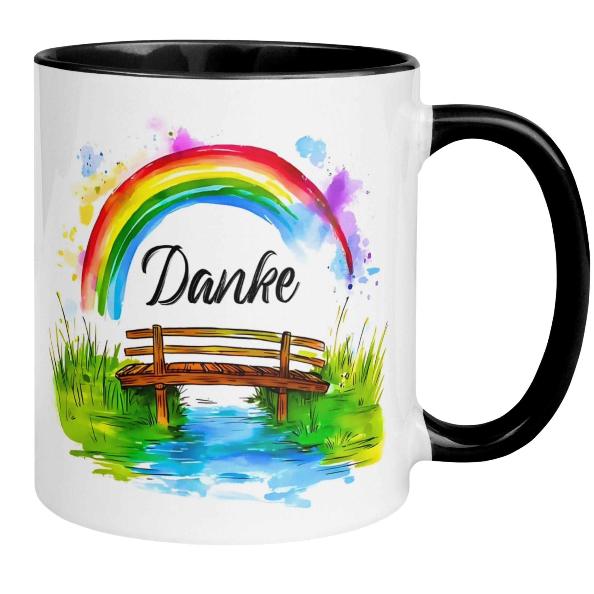 Momentals® Tasse mit Regenbogen und Brücke, ideal für ein Dankeschön im Alltag.