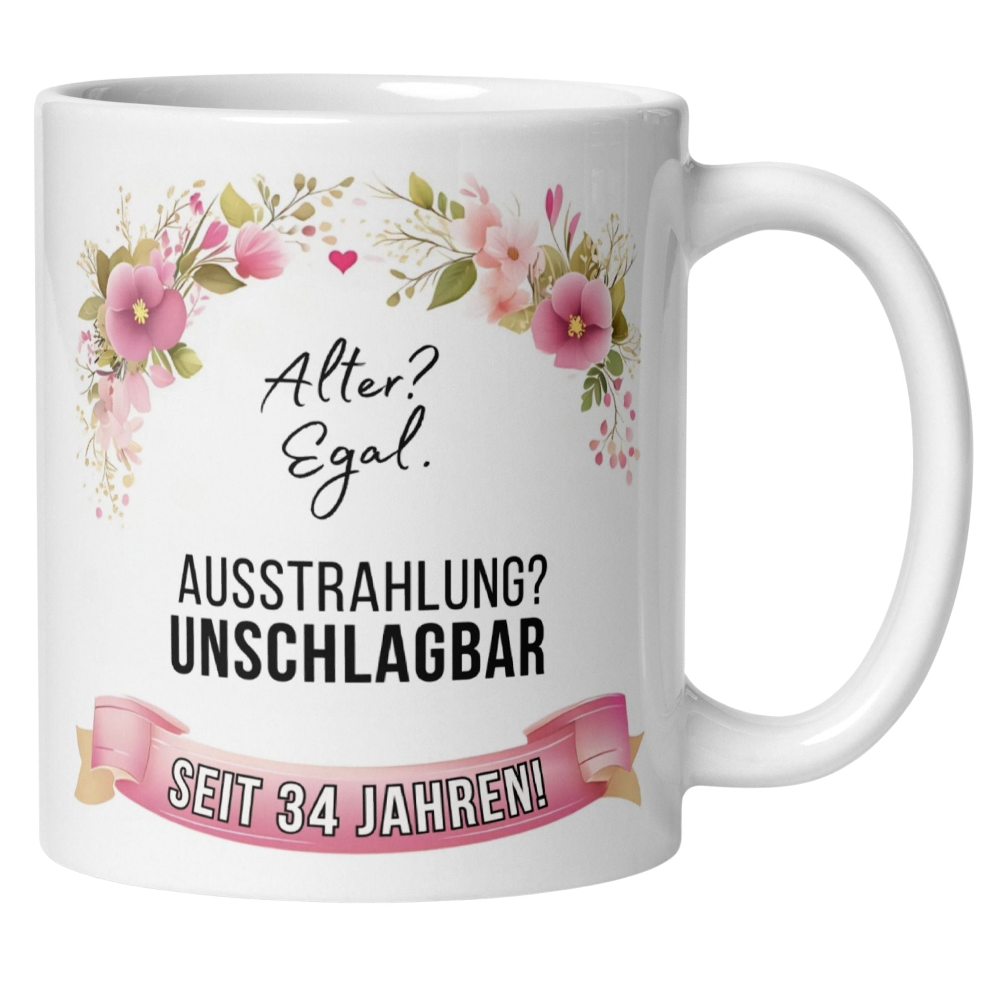 Momentals® Tasse zum 34. Geburtstag mit Spruch und Blumen, humorvolle Botschaft über Ausstrahlung.