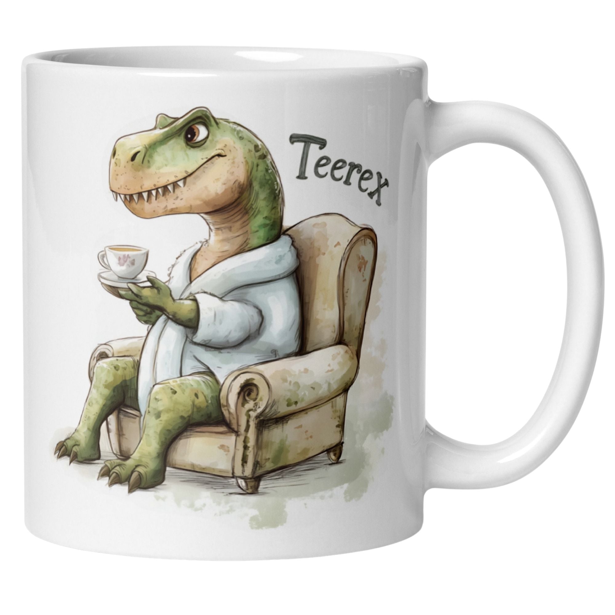 Dinosaurier-Tasse Teerex im Bademantel, perfekt für Teepausen und humorvolle Geschenke.