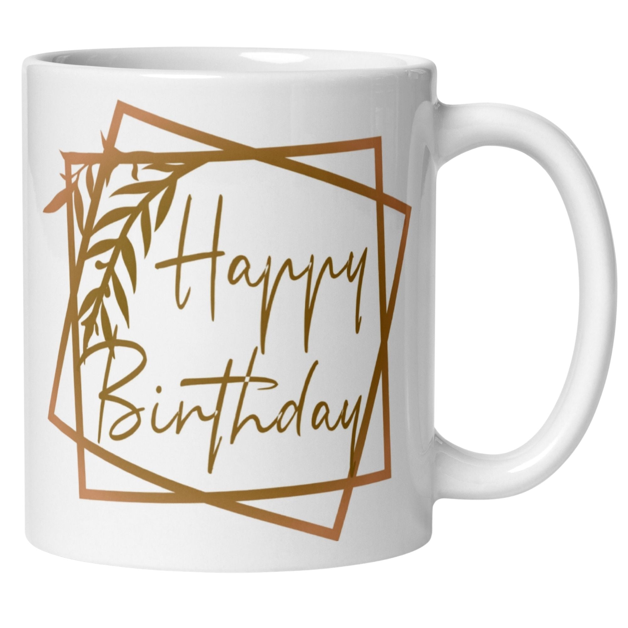 Elegante weiße Tasse mit goldenem "Happy Birthday"-Schriftzug im minimalistischen Rahmen.
