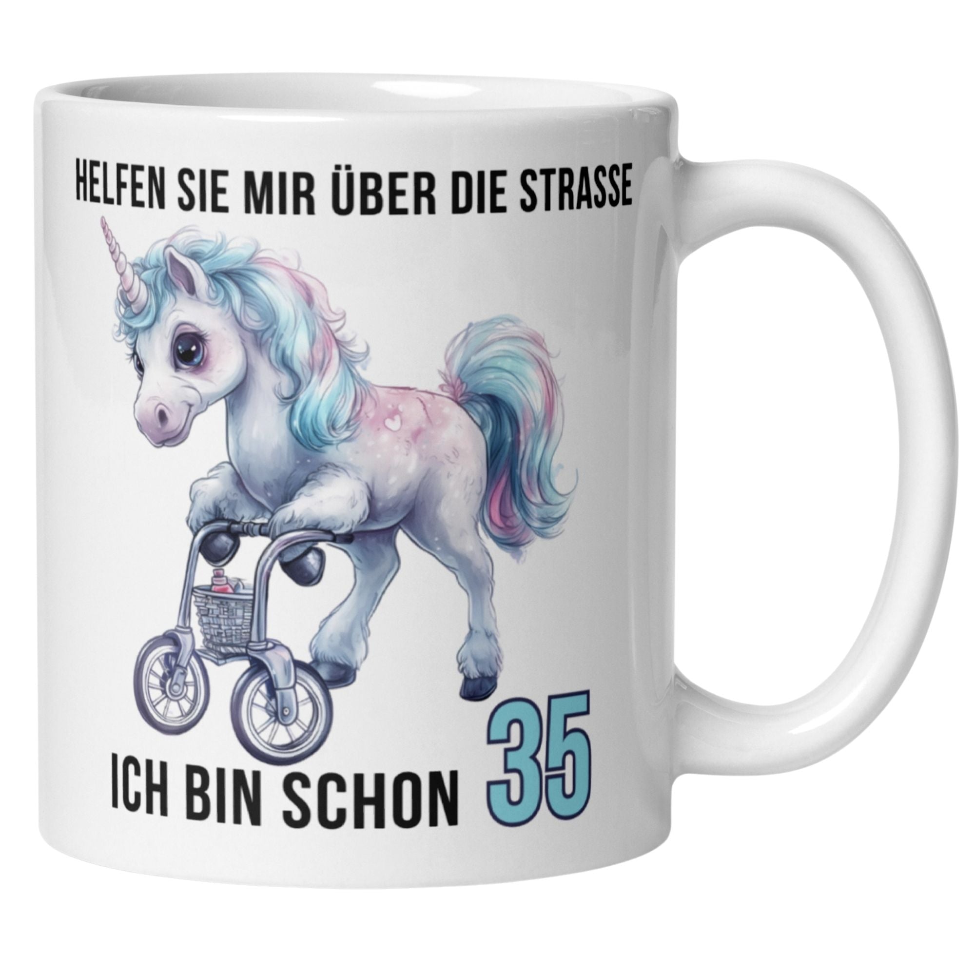 Momentals® Tasse 35. Geburtstag | Einhorn & Spruch | Helfen Sie mir über die Straße ich bin schon 35