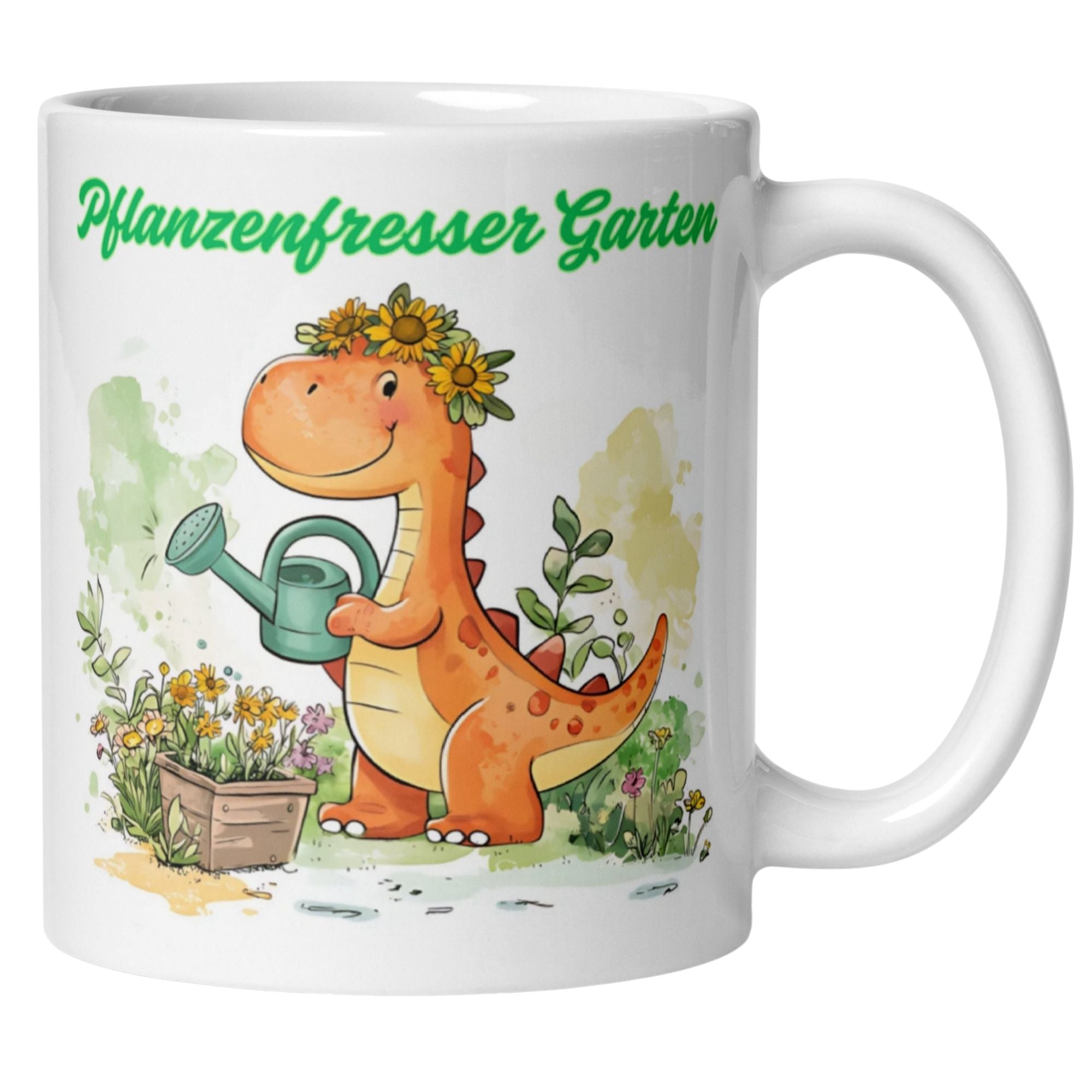 Charming dinosaur gardener mug with flowers and watering can, perfect for nature lovers!