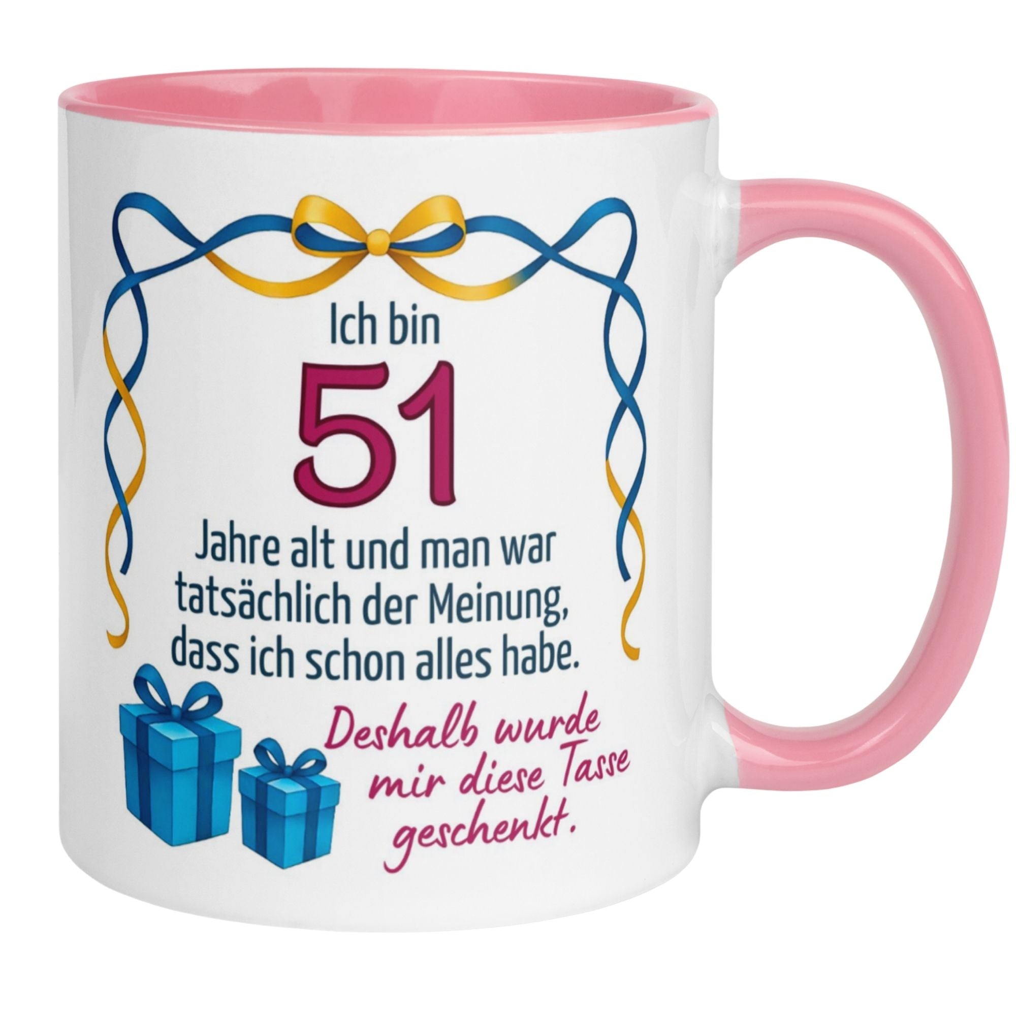 Momentals® 51. Geburtstag Tasse mit witzigem Spruch und Geschenk-Motiven für Frauen.