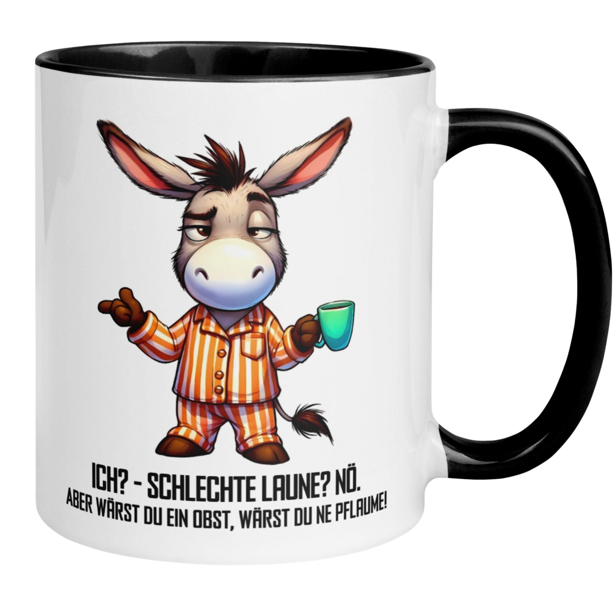 Momentals Tasse mit Esel-Motiv und spritzigem Spruch für Morgenmuffel in buntem Design.