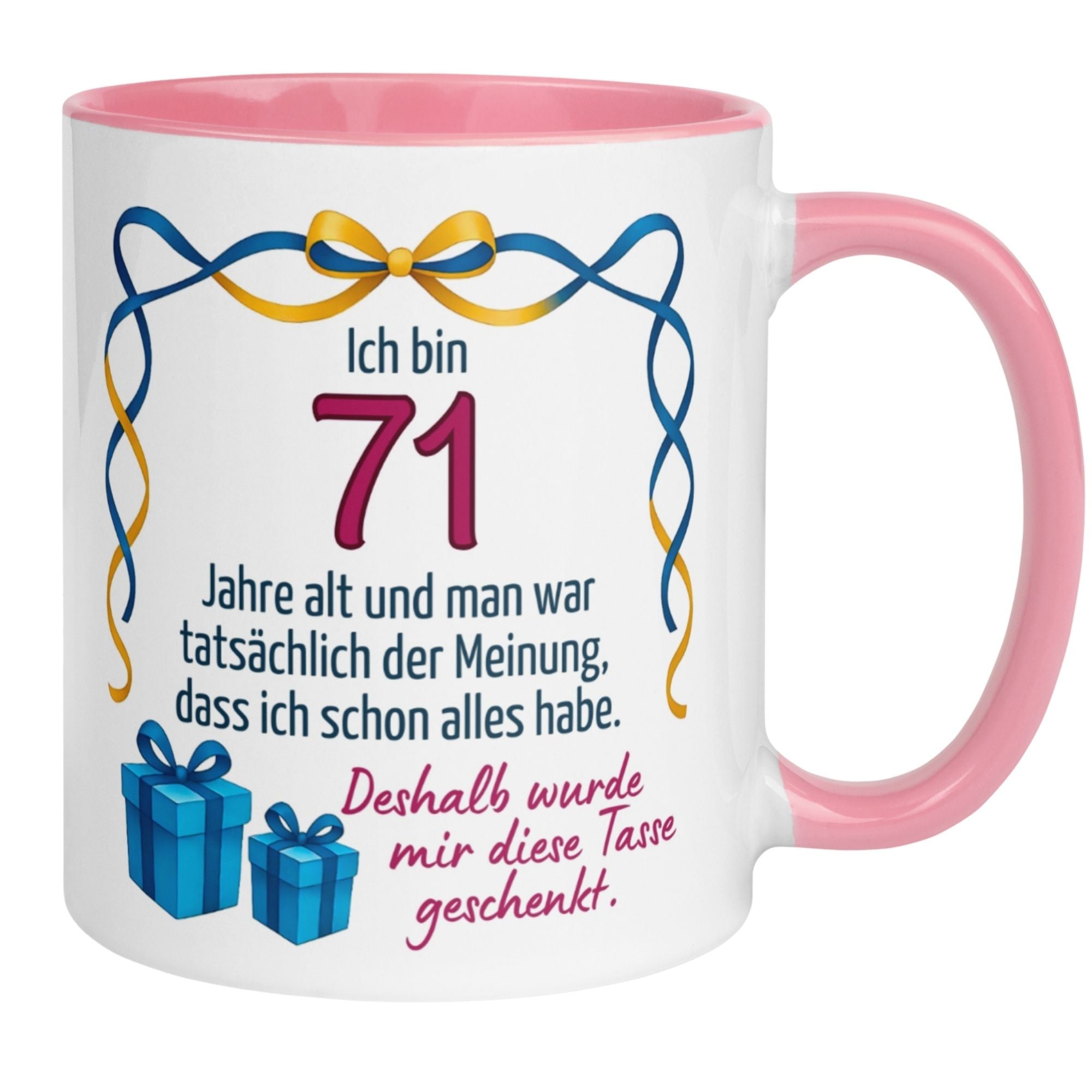 Humorous 71st birthday mug with gifts and cheerful design, perfect for coffee lovers.