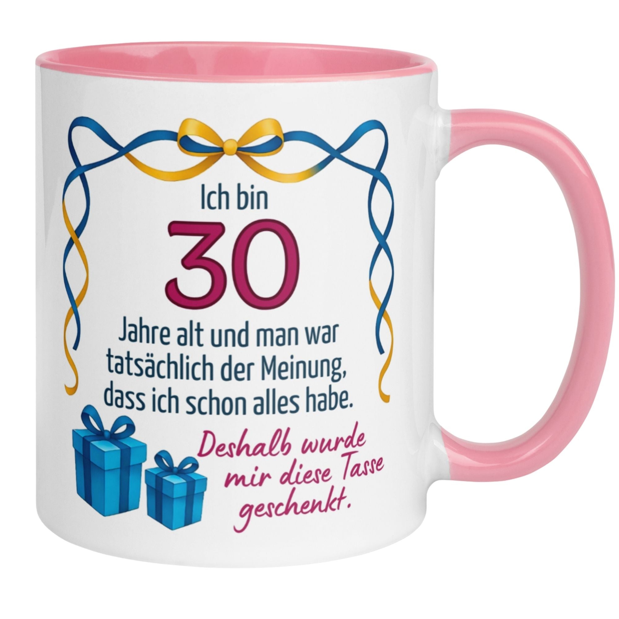 Momentals® Geburtstagstasse zum 30. mit witzigem Spruch und Geschenkmotiven für Frauen.