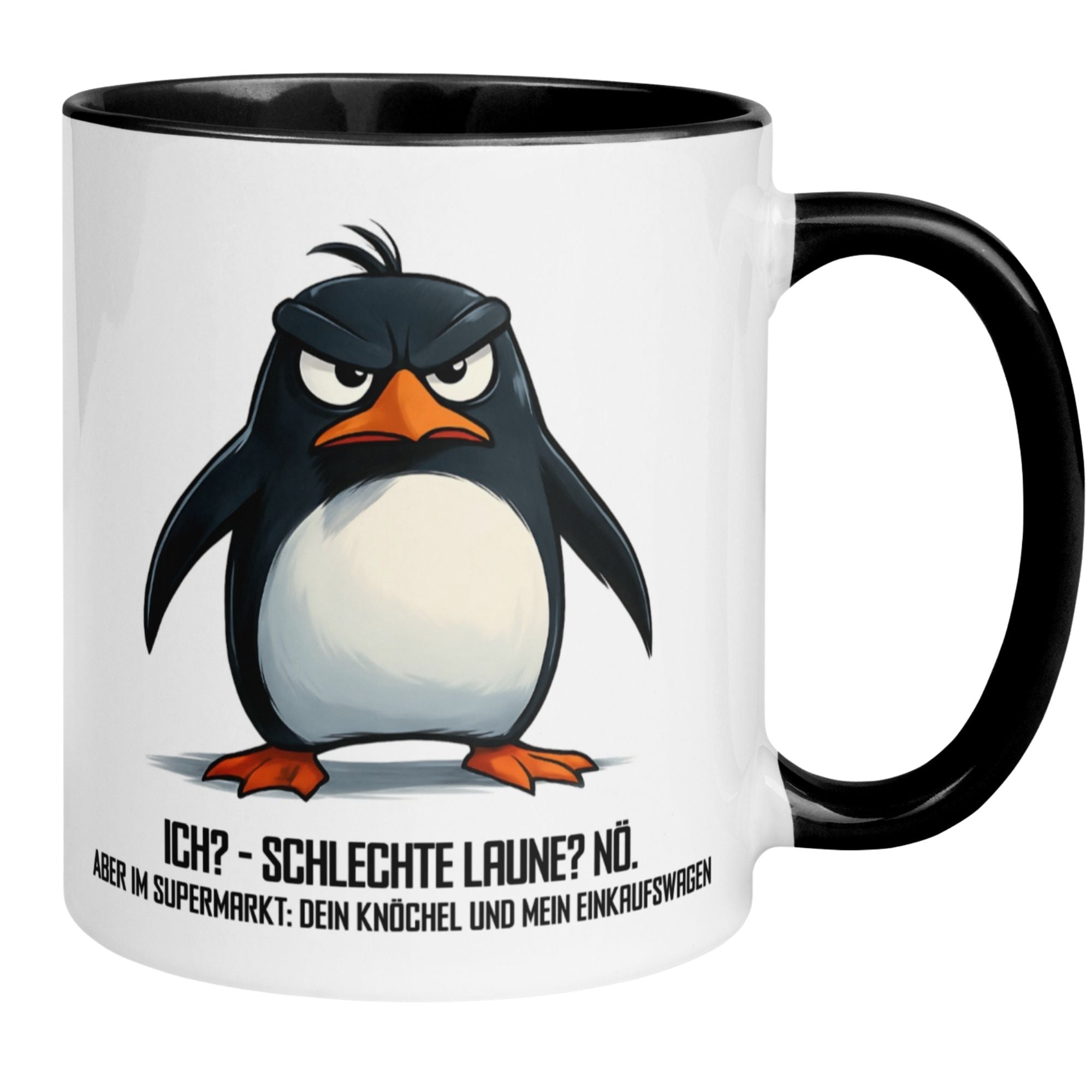 Momentals Tasse für Morgenmuffel mit Pinguin-Motiv und humorvollem Spruch.