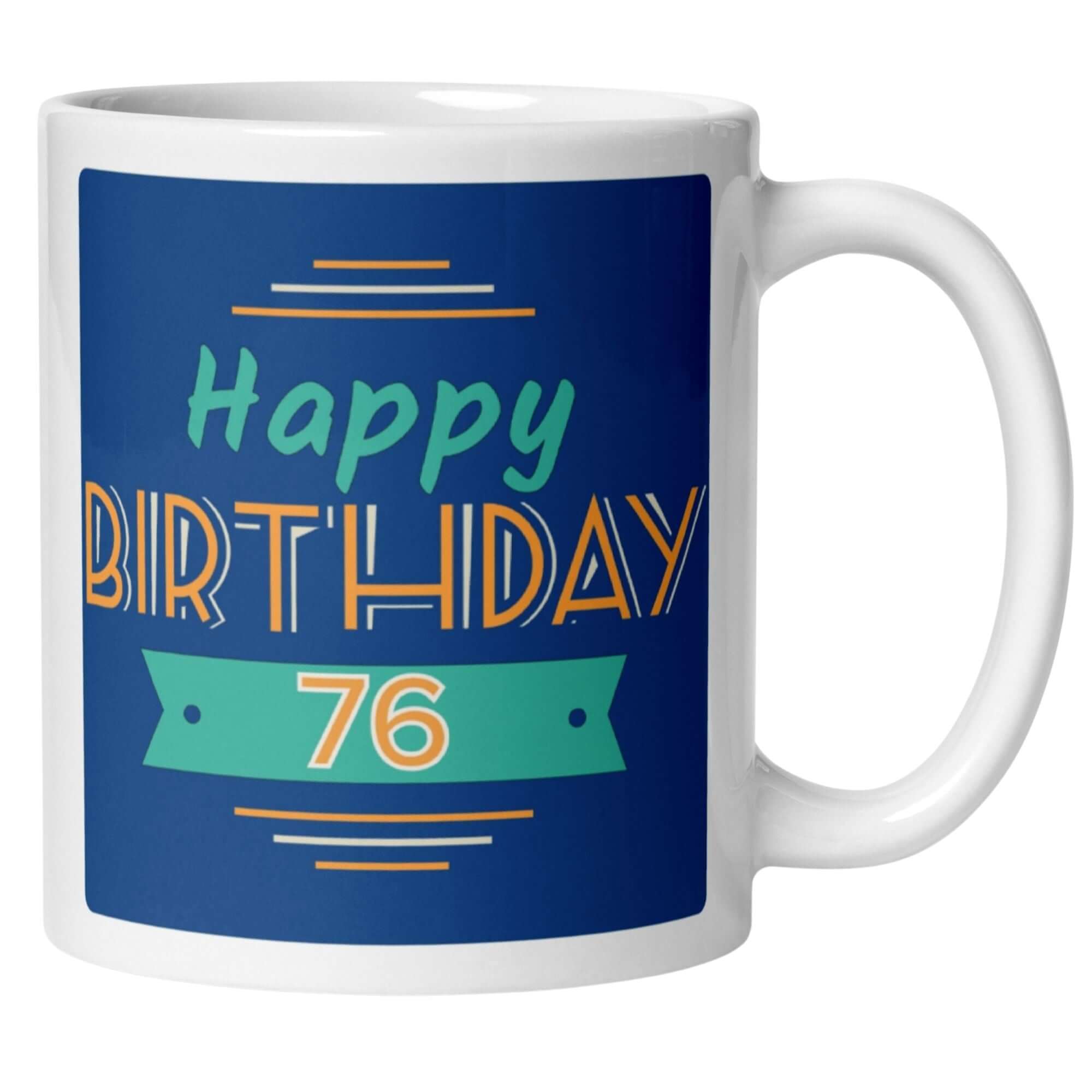 Bunte Tasse zum 76. Geburtstag mit retro Schriftzug 'Happy Birthday 76', ideal für Geschenke.