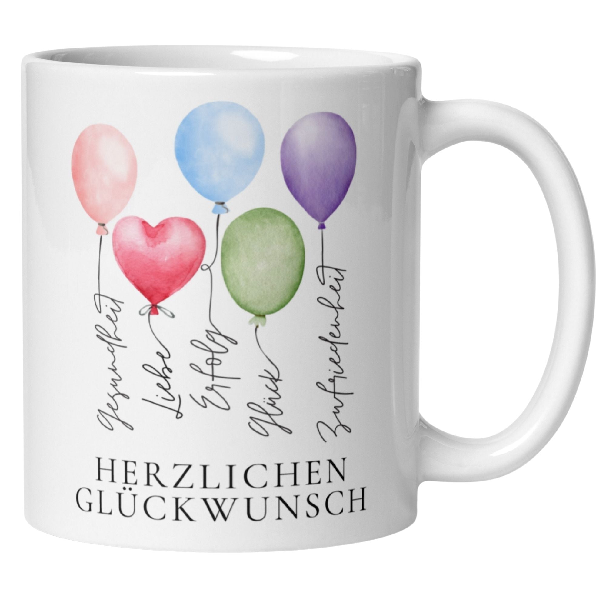 Momentals Tasse Geburtstag mit bunten Ballons und herzlichen Wünschen in Aquarellstil