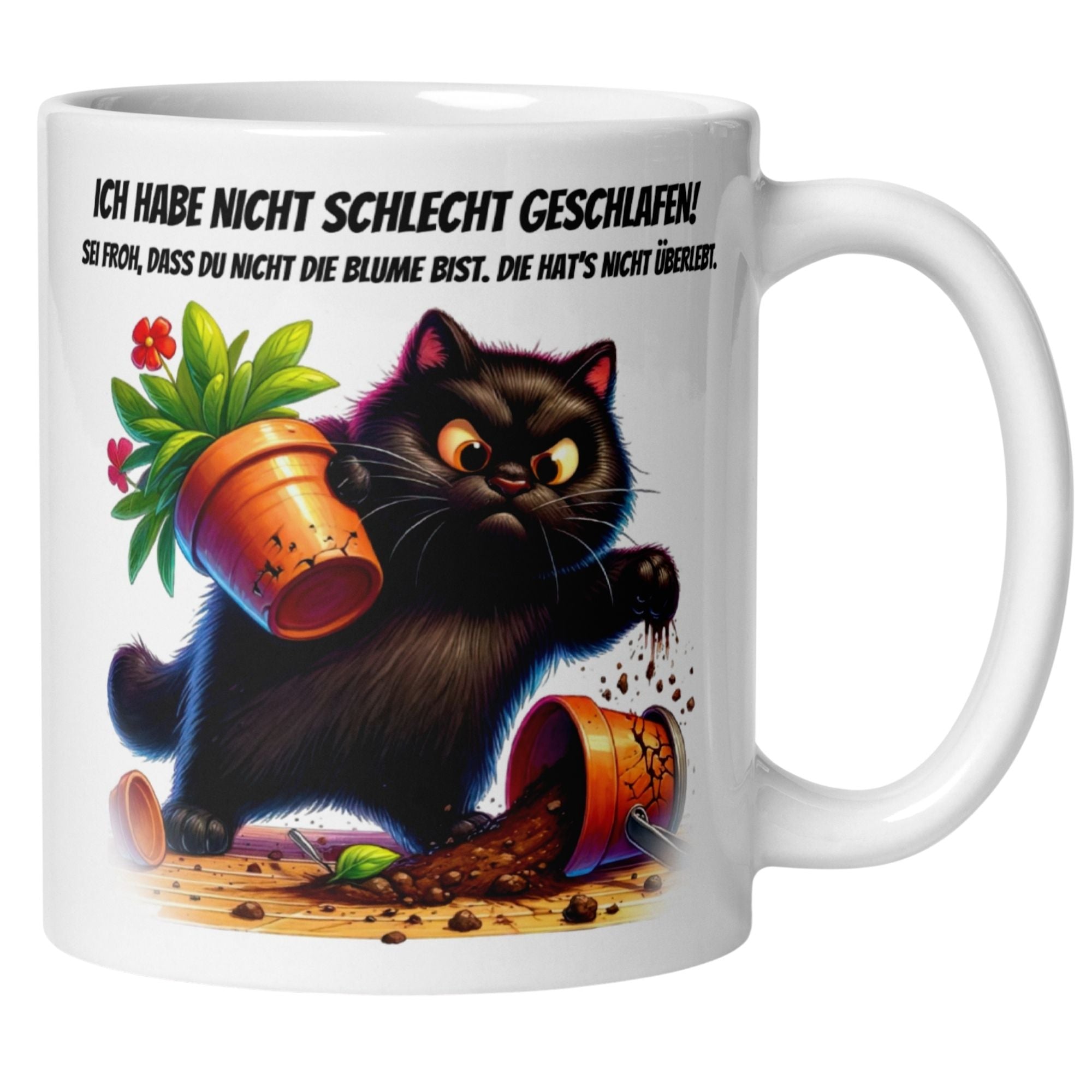 Schwarz katze auf Tasse mit Spruch über Morgenmuffel und zerbrochenem Blumentopf, lustiges Geschenk.