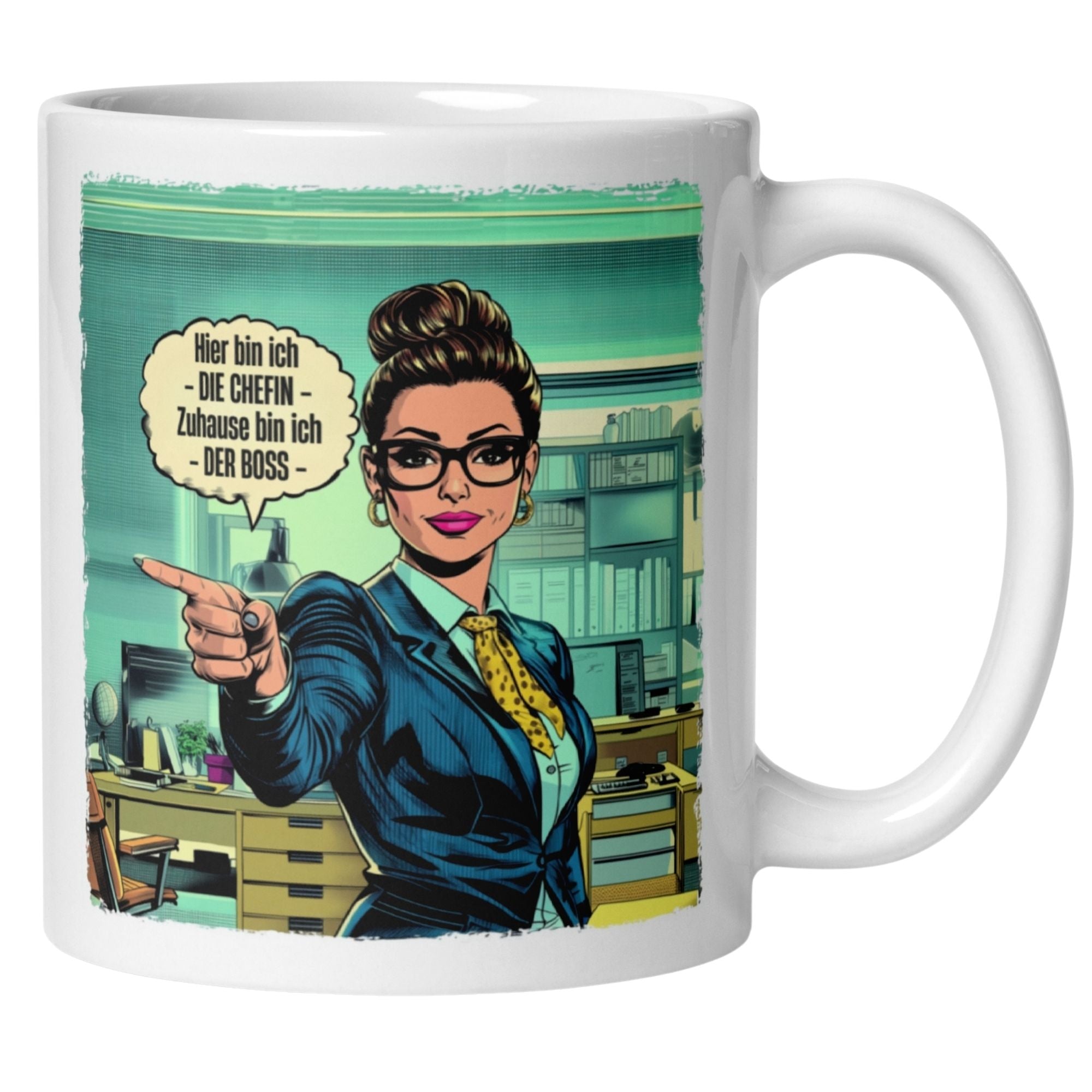 Momentals Tasse Chefin mit Comic-Motiv und Spruch für die selbstbewusste Frau im Büro.