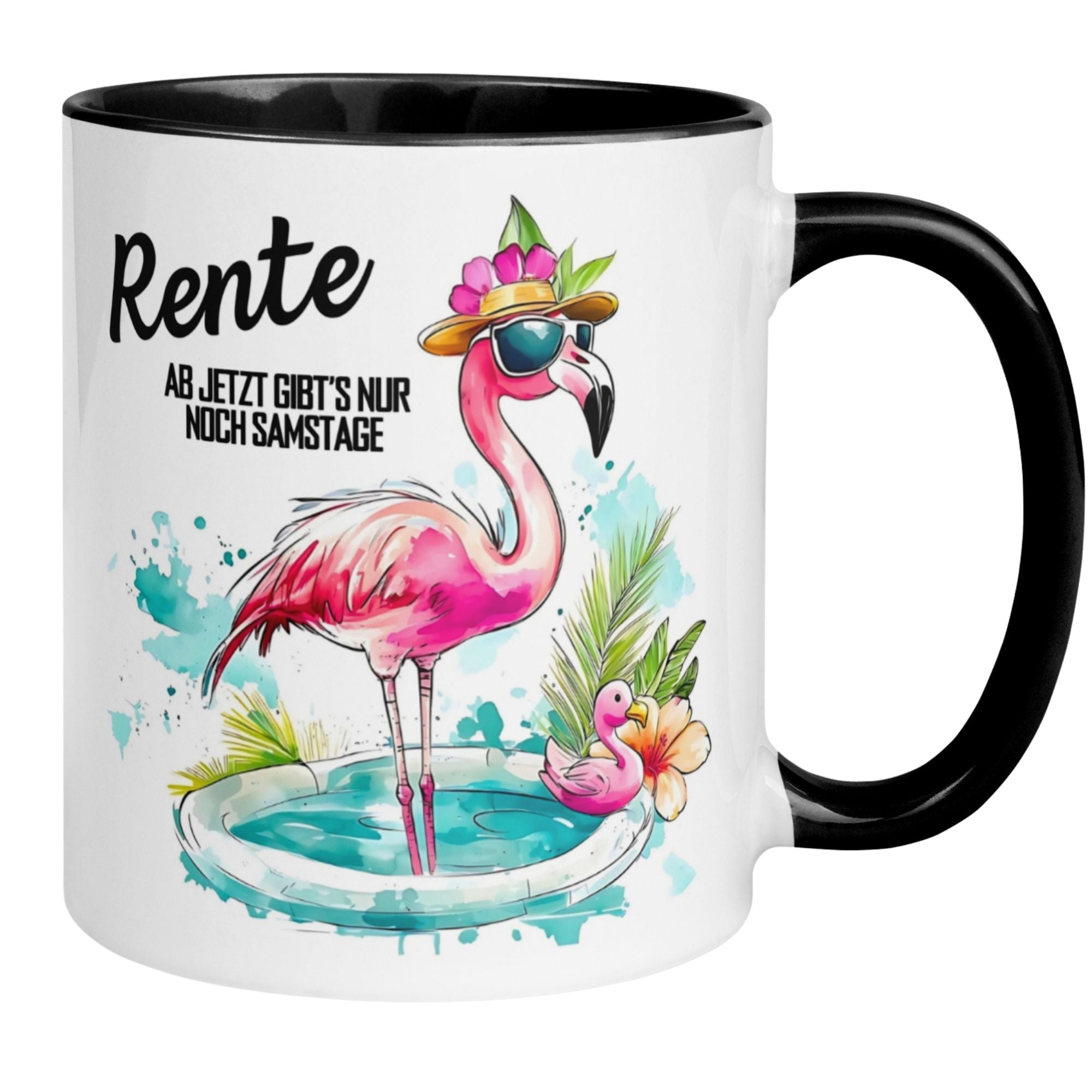 Momentals Tasse Rente mit einem lustigen Flamingo im Wasser und dem Spruch: "Ab jetzt gibt's nur noch Samstage."