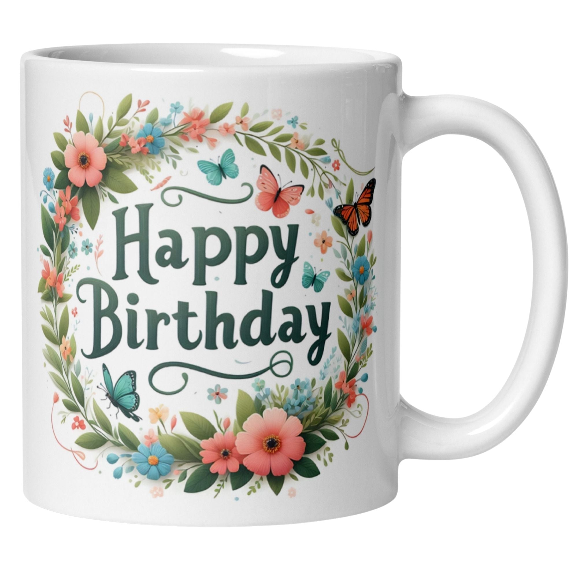 Momentals® Happy Birthday mug adorned with colorful flowers and butterflies, perfect for festive celebrations.