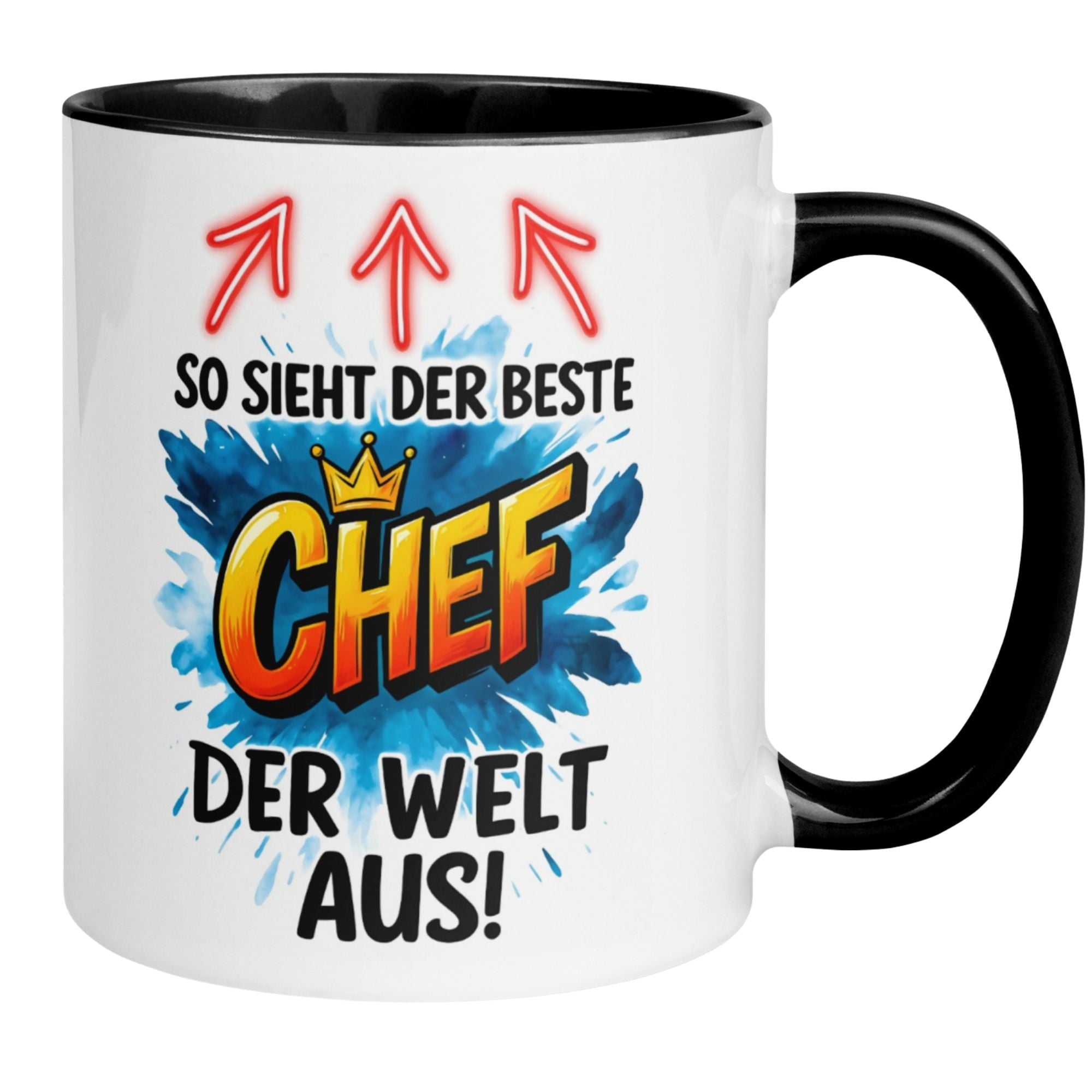Momentals® Tasse Chef mit Schriftzug 'So sieht der beste Chef der Welt aus!', bunte Gestaltung und Pfeile.