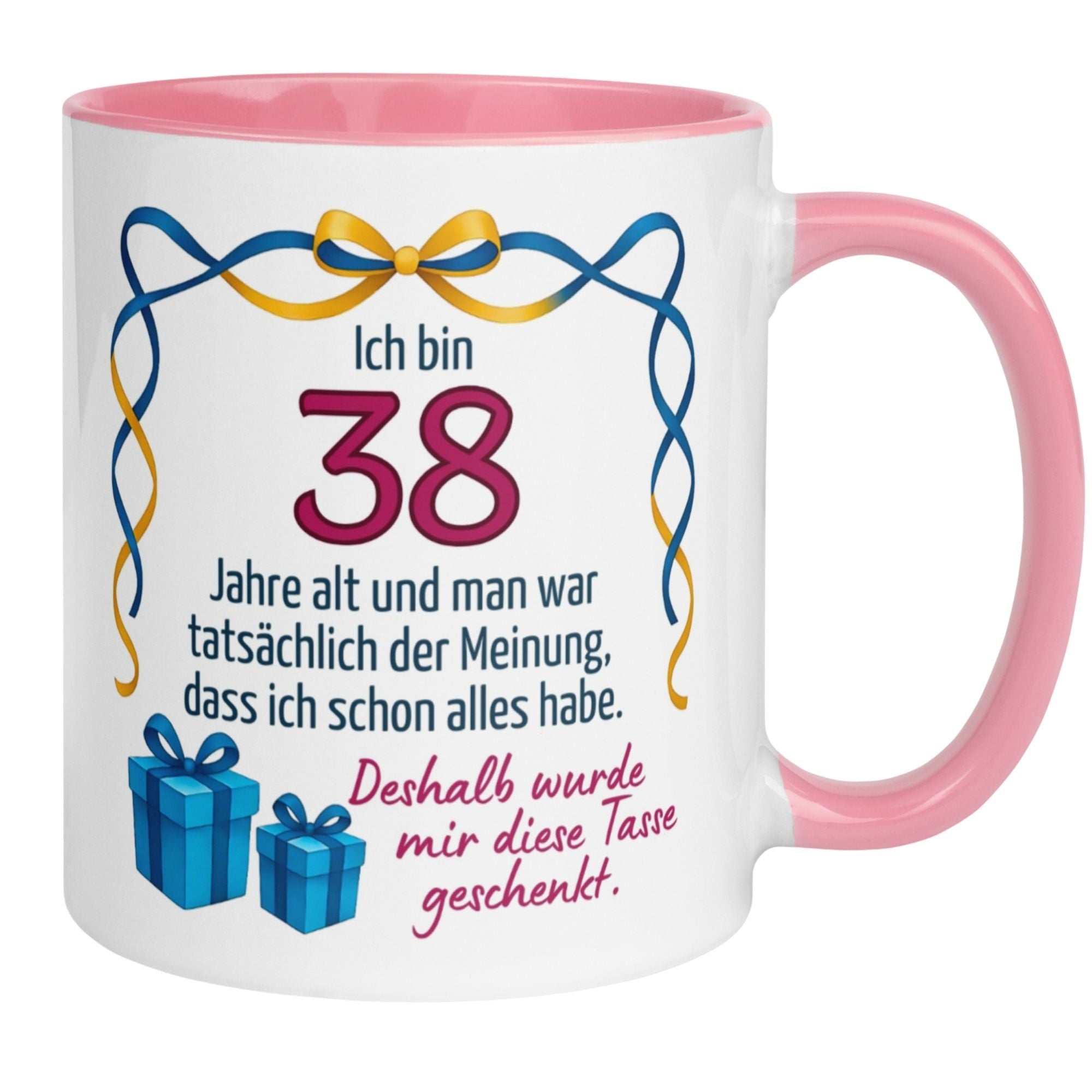 Momentals® Tasse zum 38. Geburtstag mit witzigem Spruch und Geschenkdesign für Frauen.