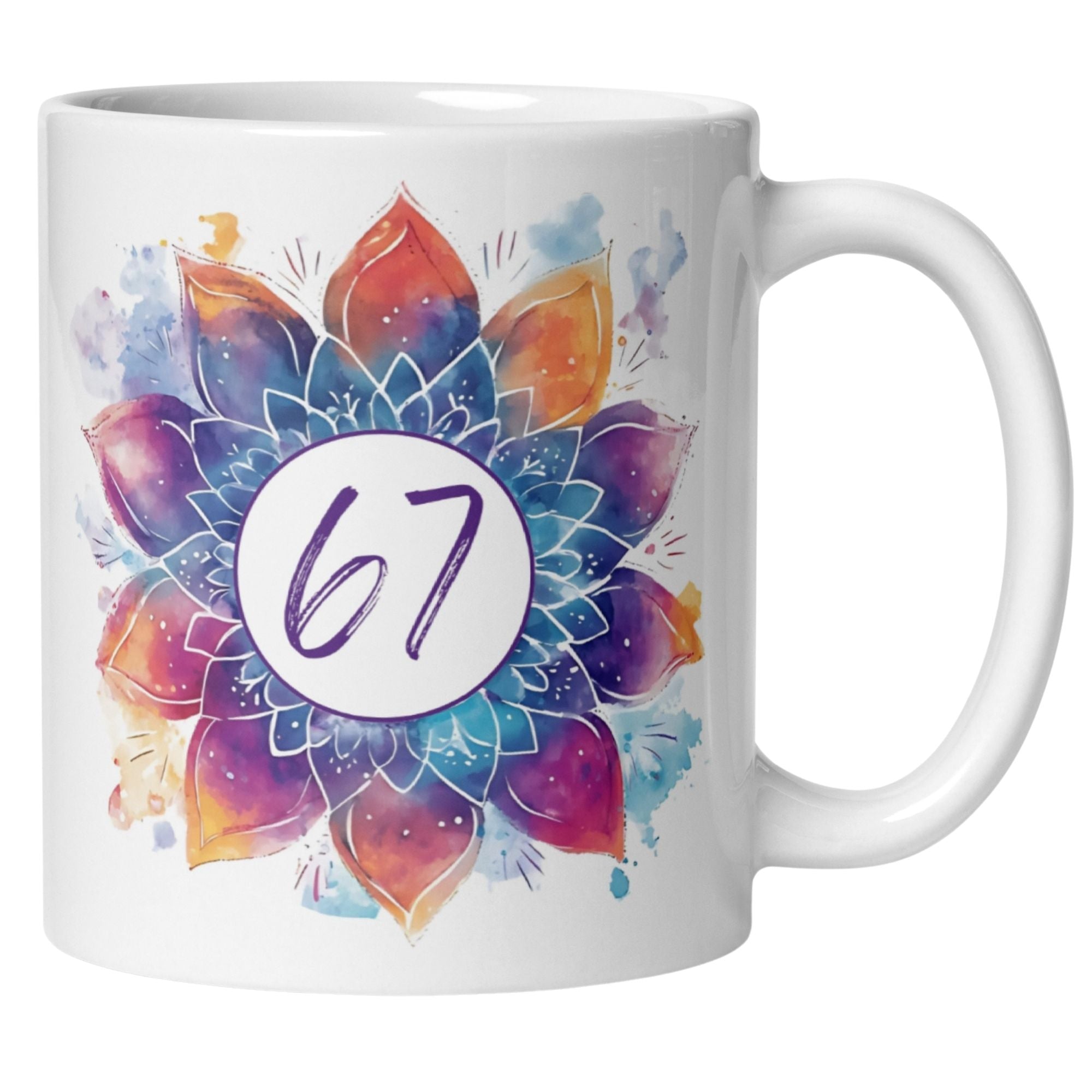 Momentals® Tasse zum 67. Geburtstag mit buntem Mandala-Design und Alter, ideal als Geburtstagsgeschenk.