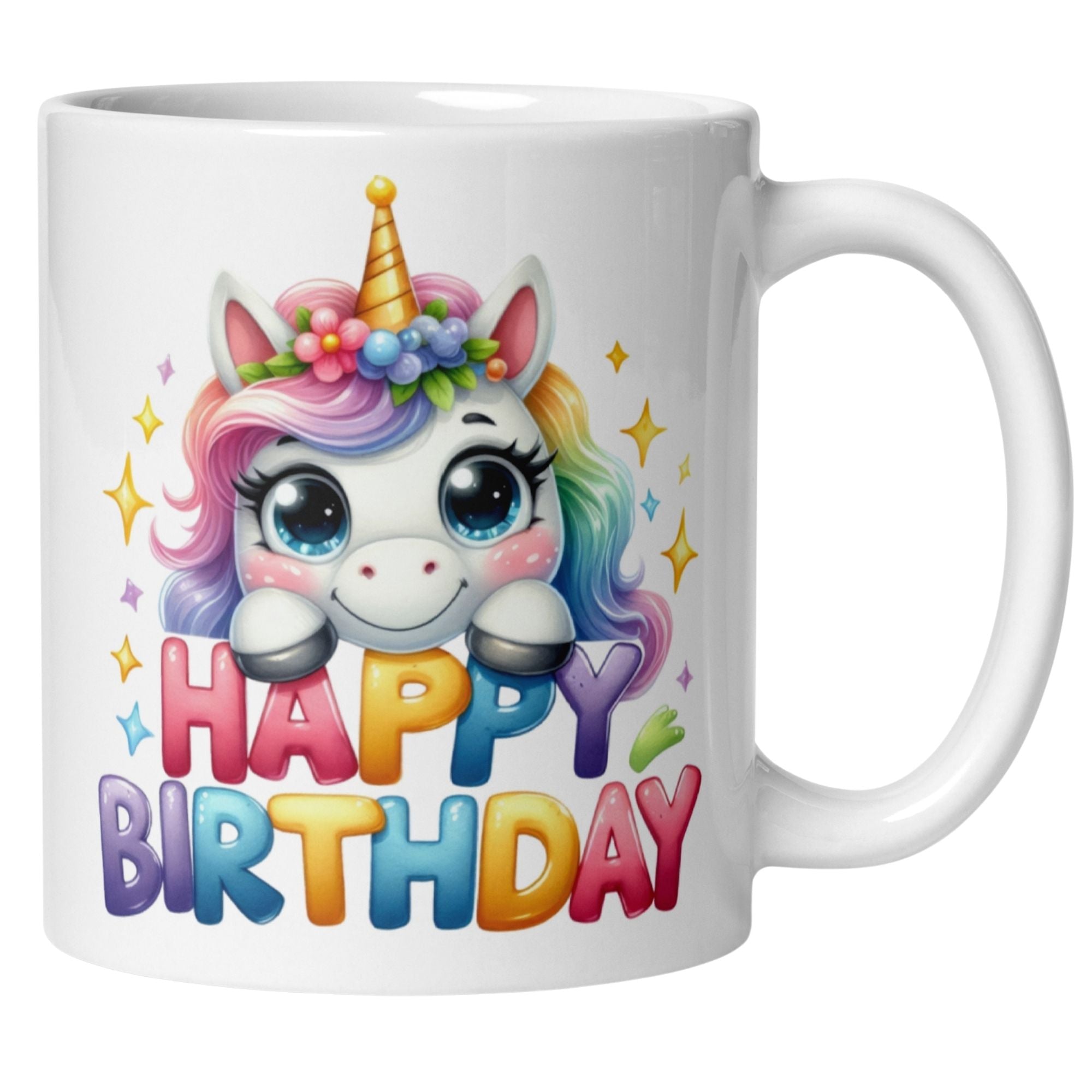 Momentals® Tasse mit Einhorn und bunten Sternen für fröhliche Geburtstagsfeiern.