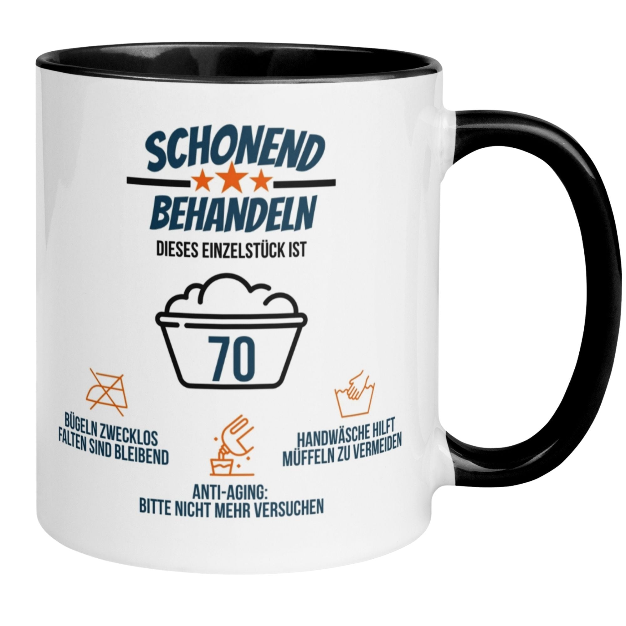Momentals® Tasse zum 70. Geburtstag mit humorvoller Anweisung für Männer, perfekt als Geschenk.