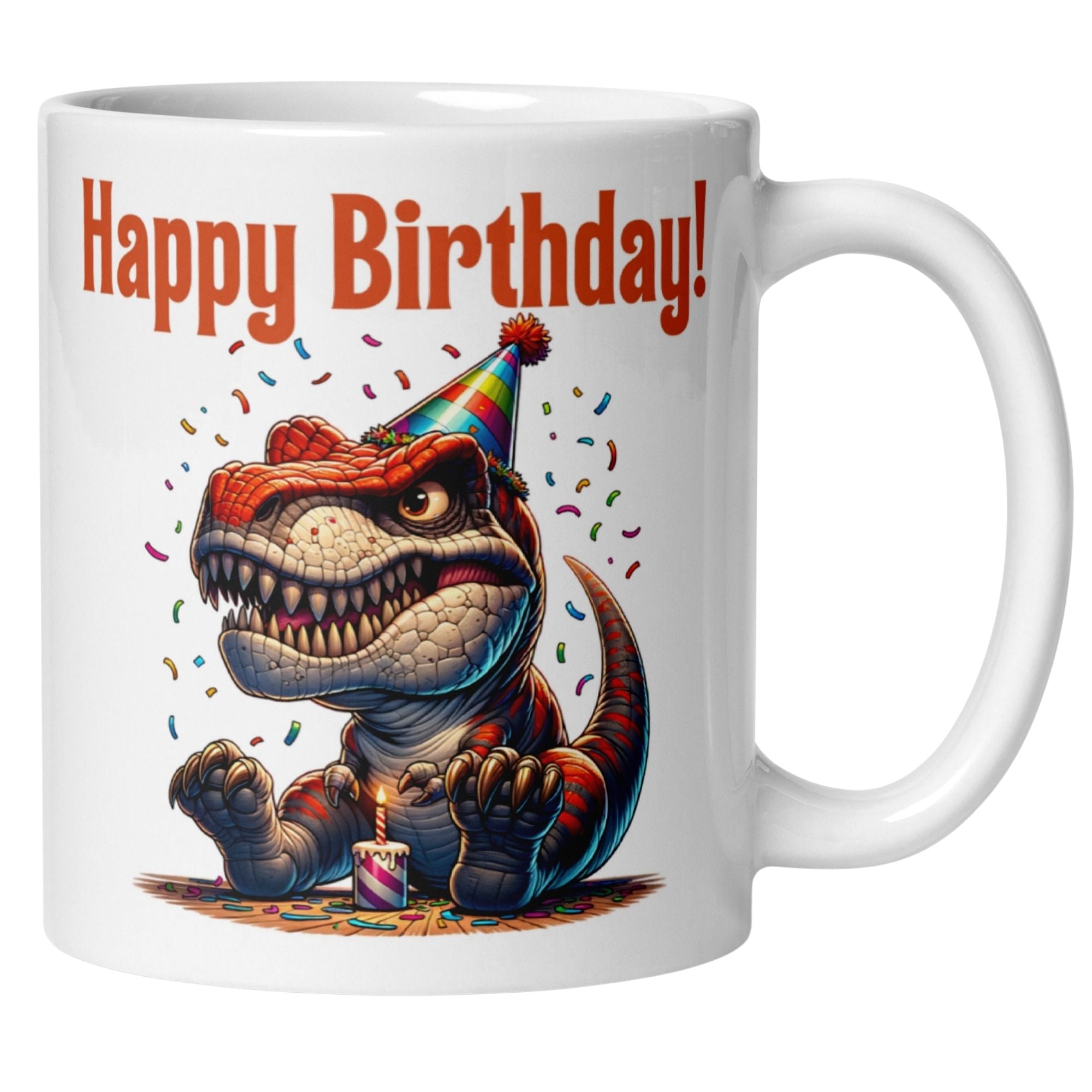 Bunte Tasse mit fröhlichem Dino, Partyhut und Geburtstagskerze – perfekt für einen unvergesslichen Geburtstag!