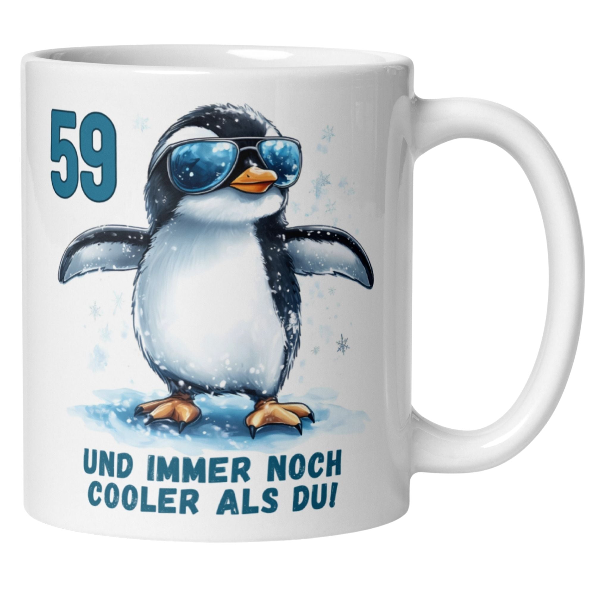 Witzige Tasse zum 59. Geburtstag mit coolem Pinguin und Spruch "59 und immer noch cooler als du".