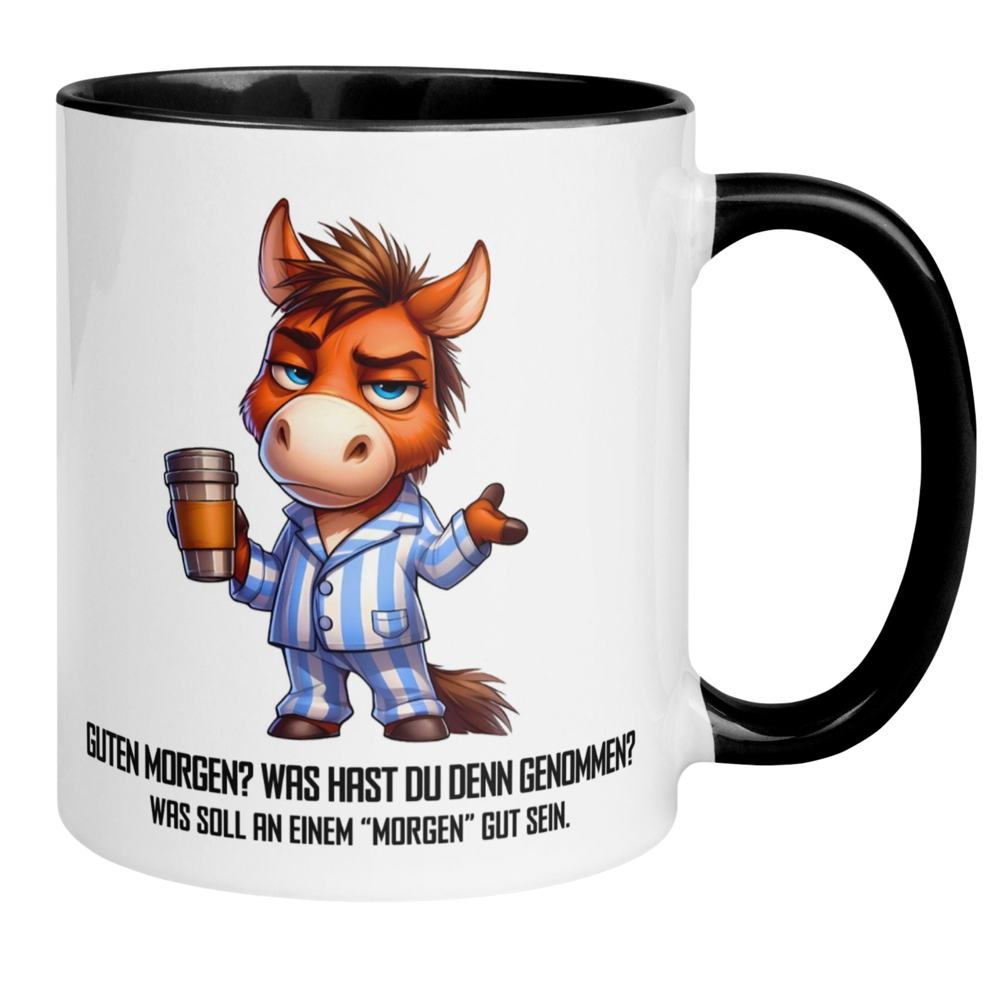 Momentals Tasse mit Maultier im Pyjama und Spruch für Morgenmuffel: "Guten Morgen? Was soll daran gut sein?"