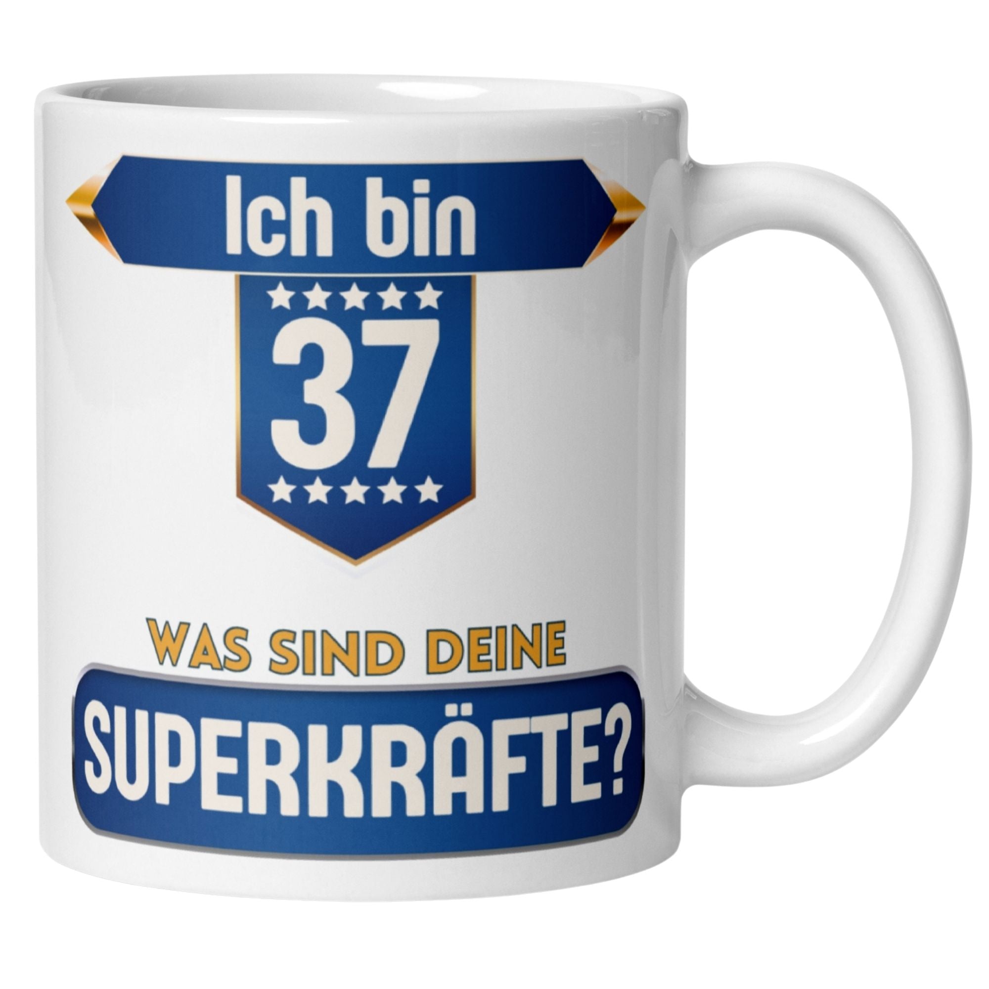 Momentals® Tasse für 37. Geburtstag mit Spruch "Ich bin 37 - was sind deine Superkräfte?" in buntem Design.