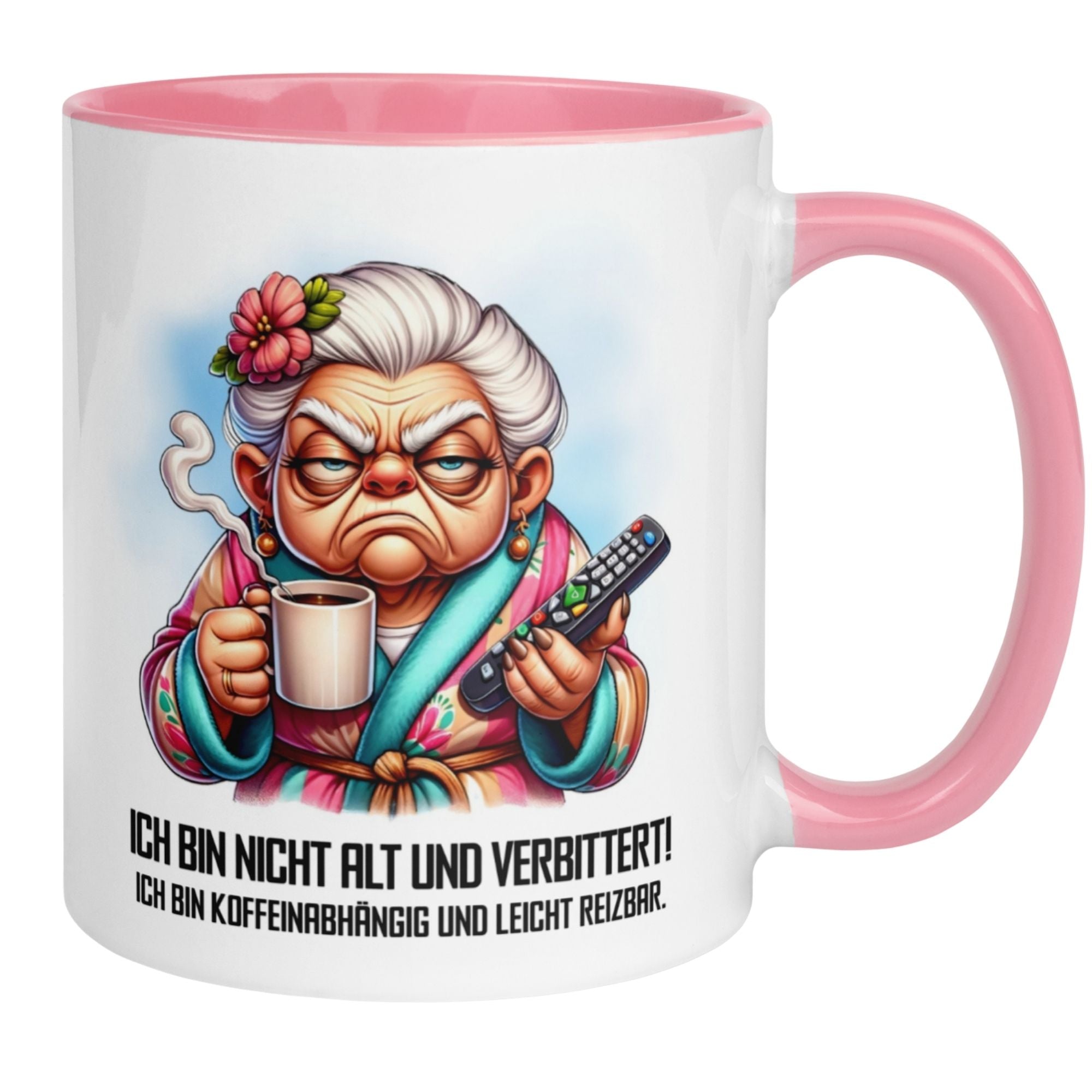 Momentals Tasse mit mürrischer Oma, Text 'Ich bin nicht alt - ich bin koffeinabhängig', pinke Griffe.