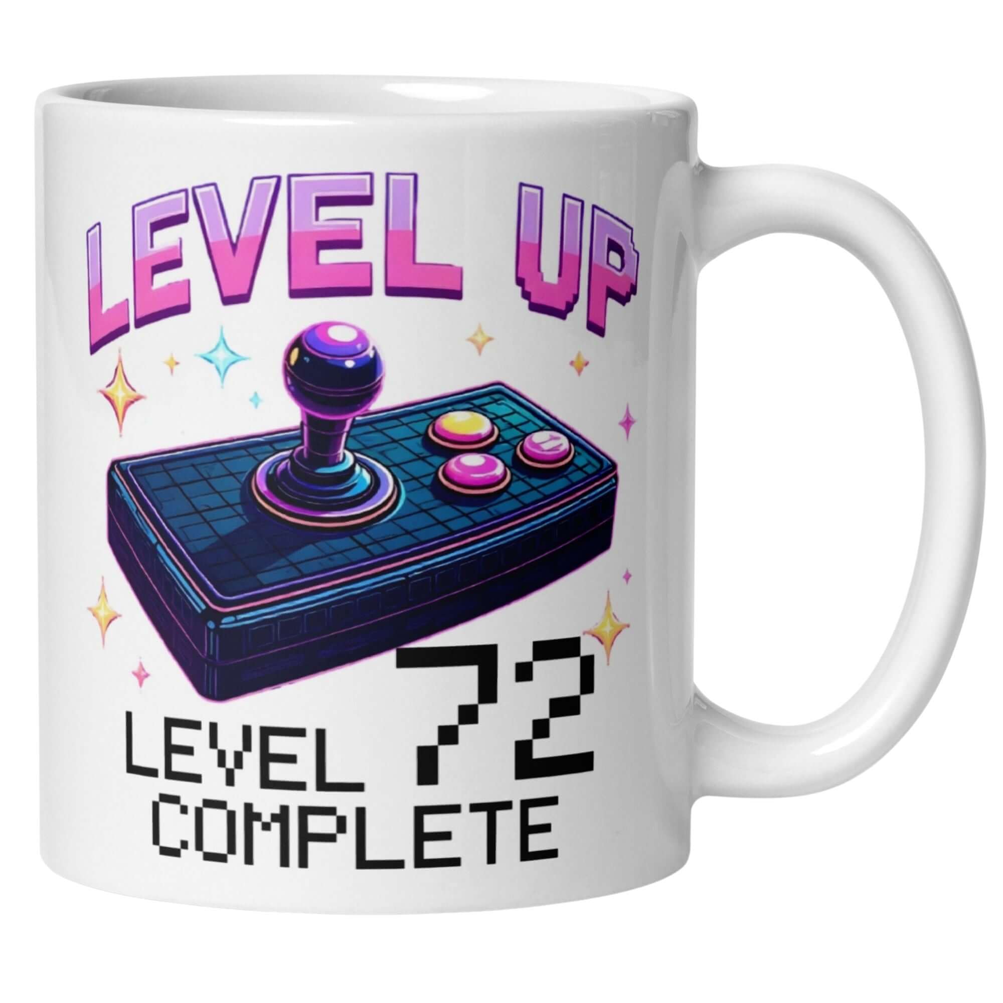 Witzige Tasse zum 72. Geburtstag mit Retro-Arcade-Design und Joystick-Motiv, ideal für Gamer.