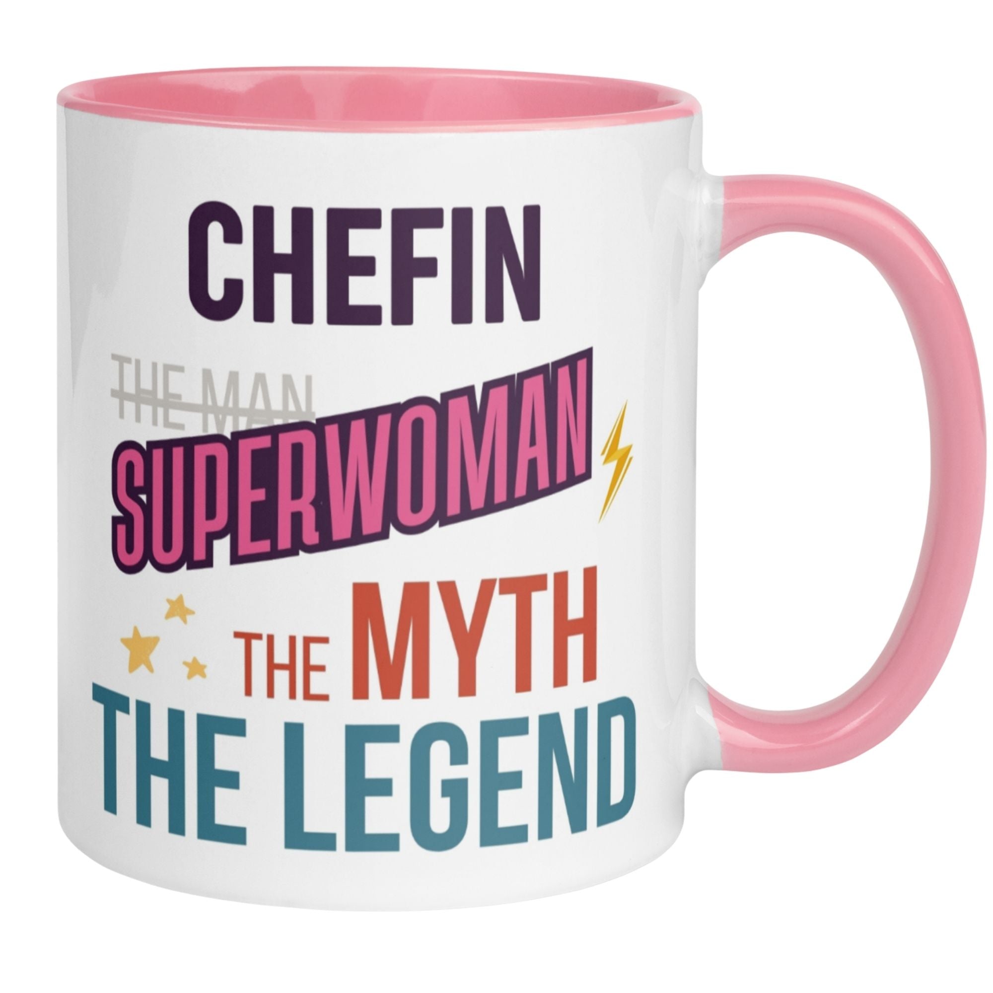 Momentals Tasse Chefin mit dem Spruch 'Superwoman - The Myth - The Legend' in bunten Buchstaben.
