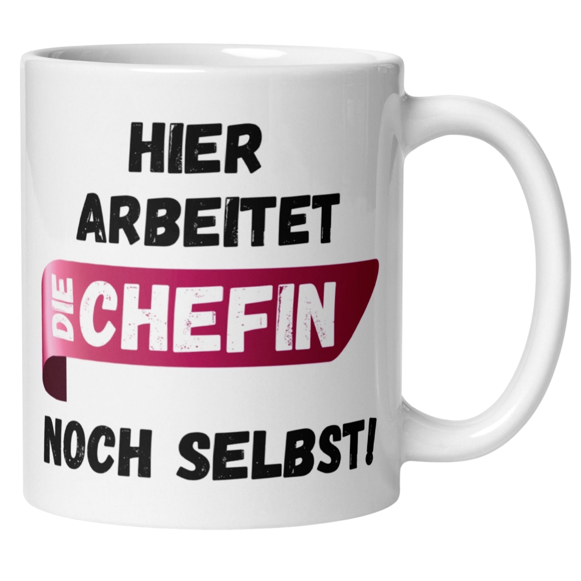 Momentals Tasse mit Spruch 'Hier arbeitet die Chefin noch selbst!' in Pink-Schwarz für humorvolle Abschiede.