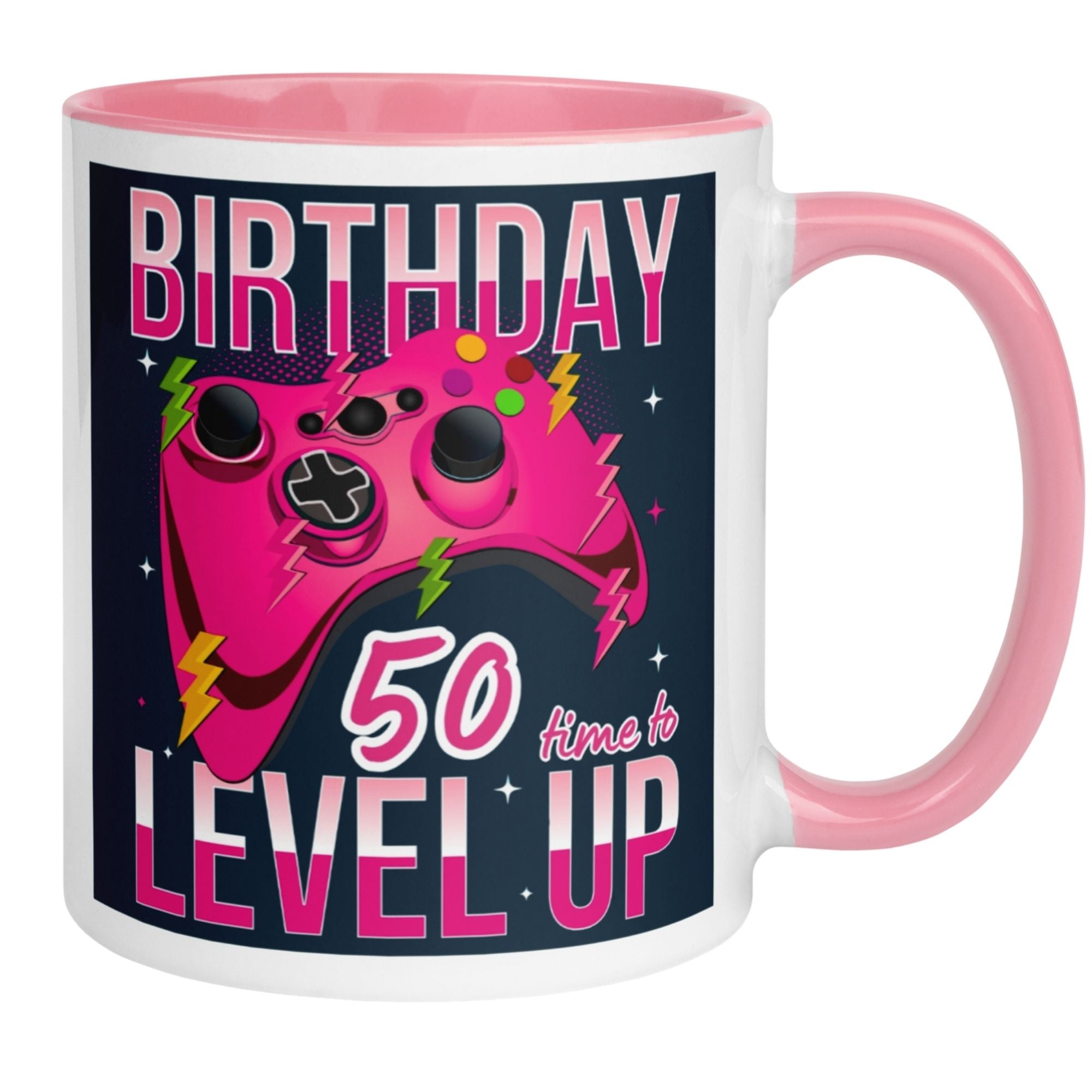 Momentals 50th Birthday mug for gamers with colorful design and gaming controller, perfect gift for special occasions.