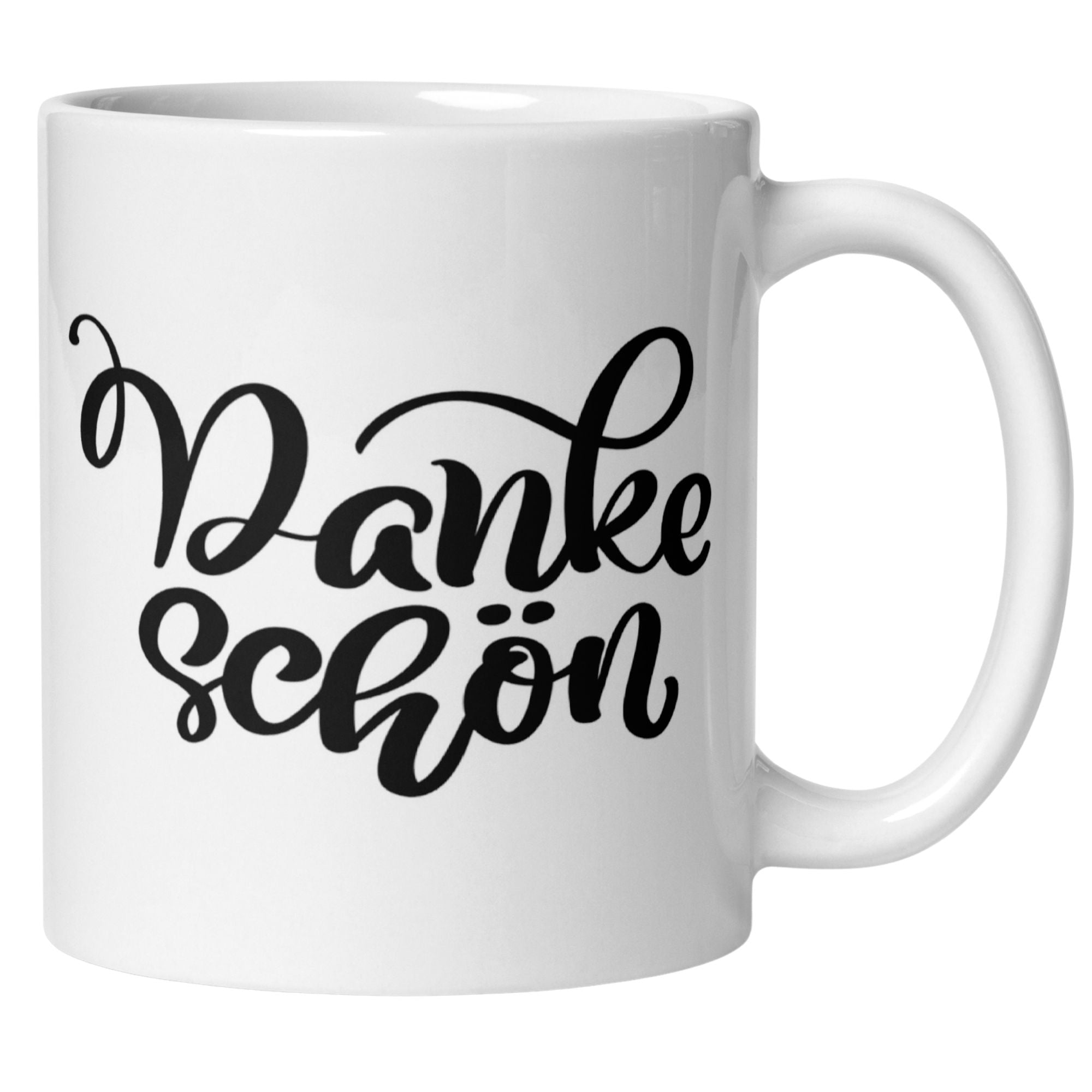 Weiße Tasse mit elegantem Handlettering "Dankeschön" für stilvolle Wertschätzung und Geschenke.
