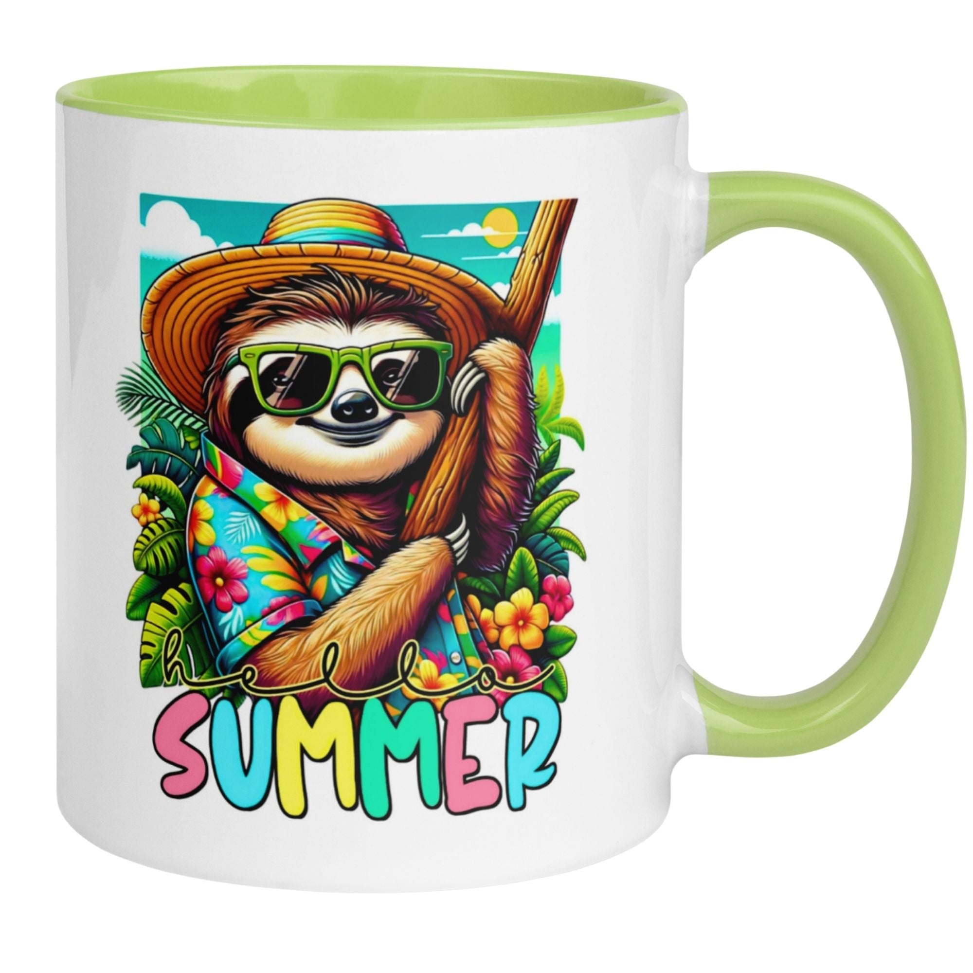 Bunte Momentals® Tasse mit Faultier im Hawaiihemd und Sonnenbrille für sommerliche Stimmung