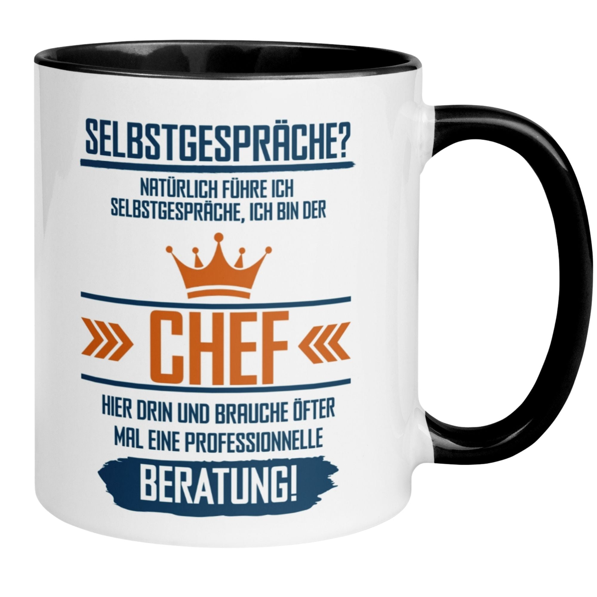 Momentals® Chef Tasse mit Spruch über Selbstgespräche und professionelle Beratung in typografischem Design.