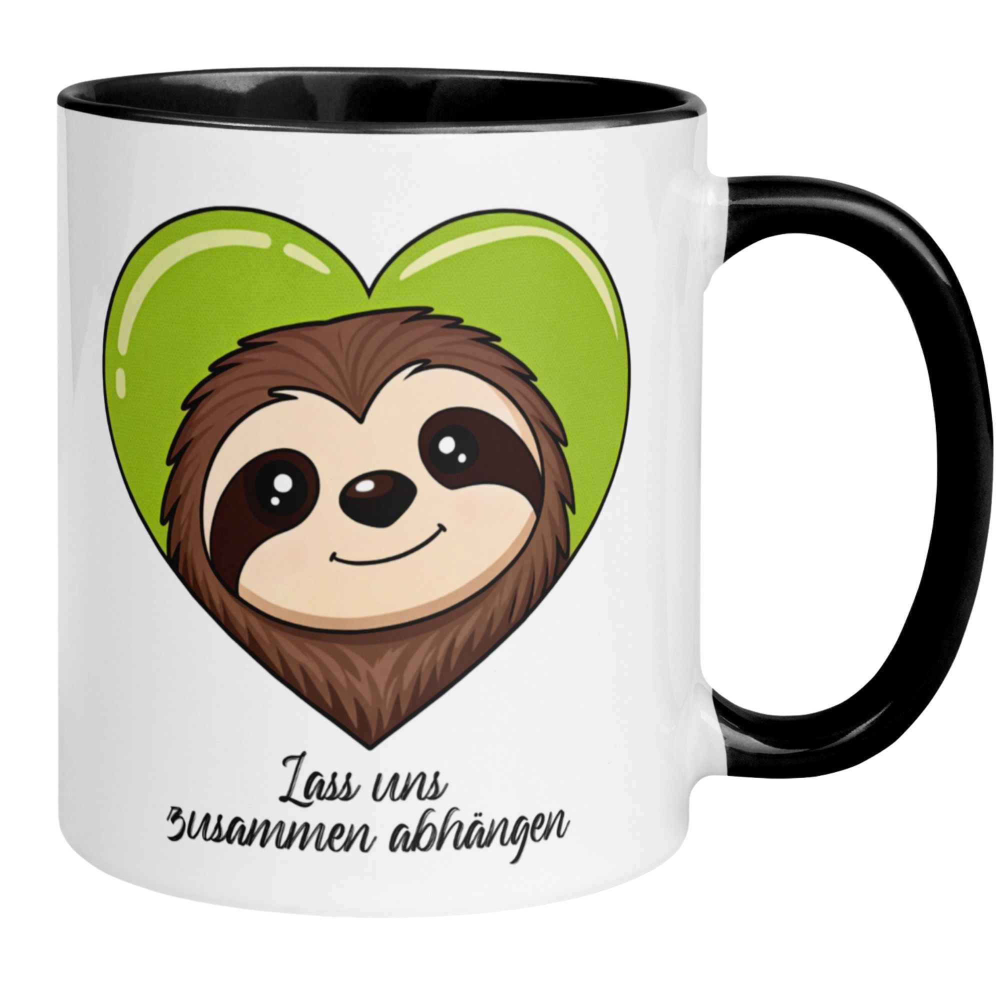 Momentals Tasse mit Faultier Motiv und grünem Herz, ideal für entspannte Tierfreunde.