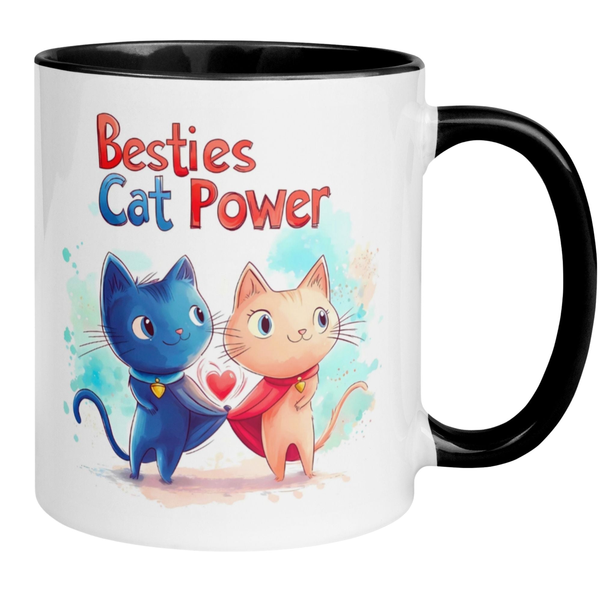Momentals mug featuring two cute superhero cats with the text 'Besties Cat Power', symbolizing friendship.