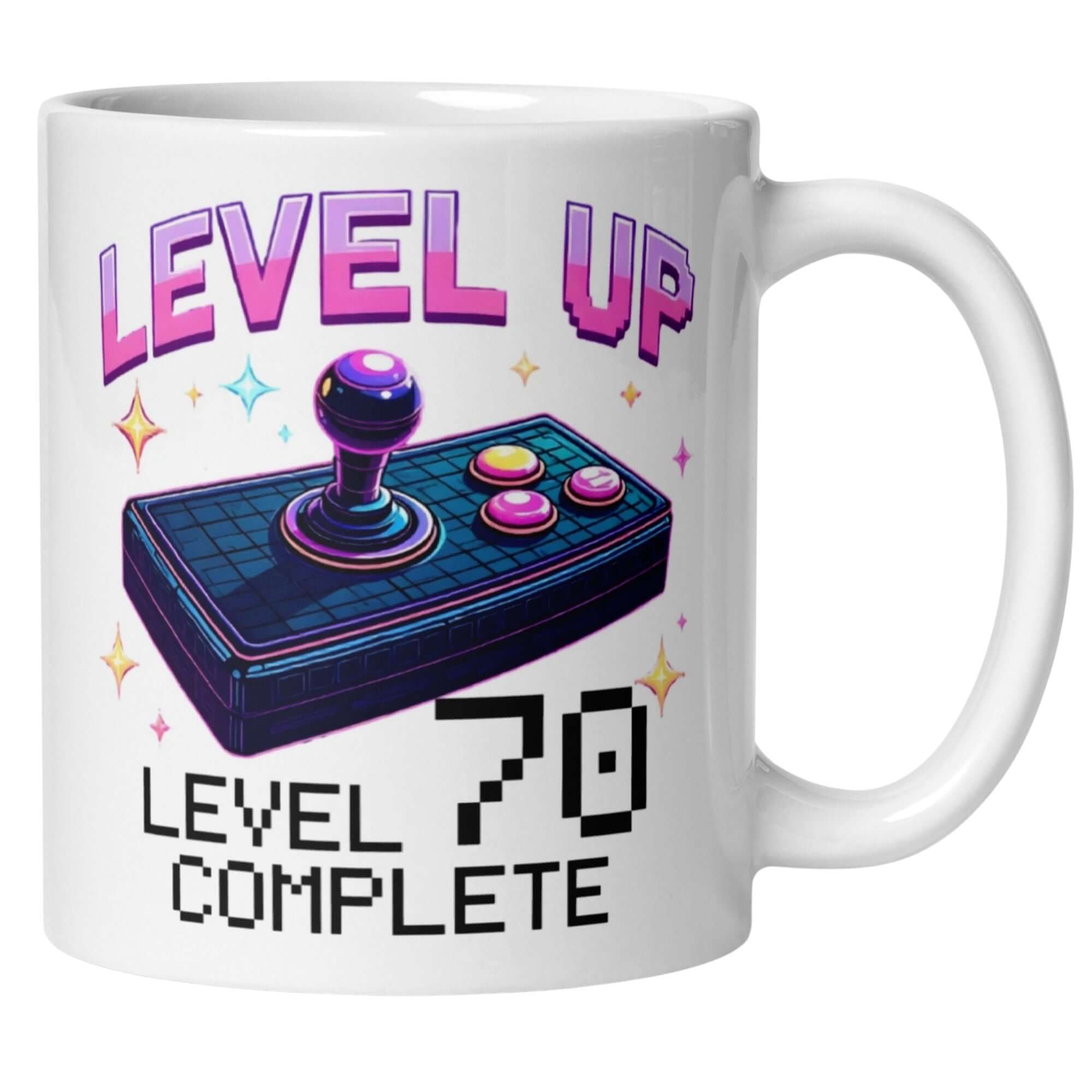 Momentals® birthday mug with 'Level Up, Level 70 Complete' design, perfect for gamers celebrating a milestone.