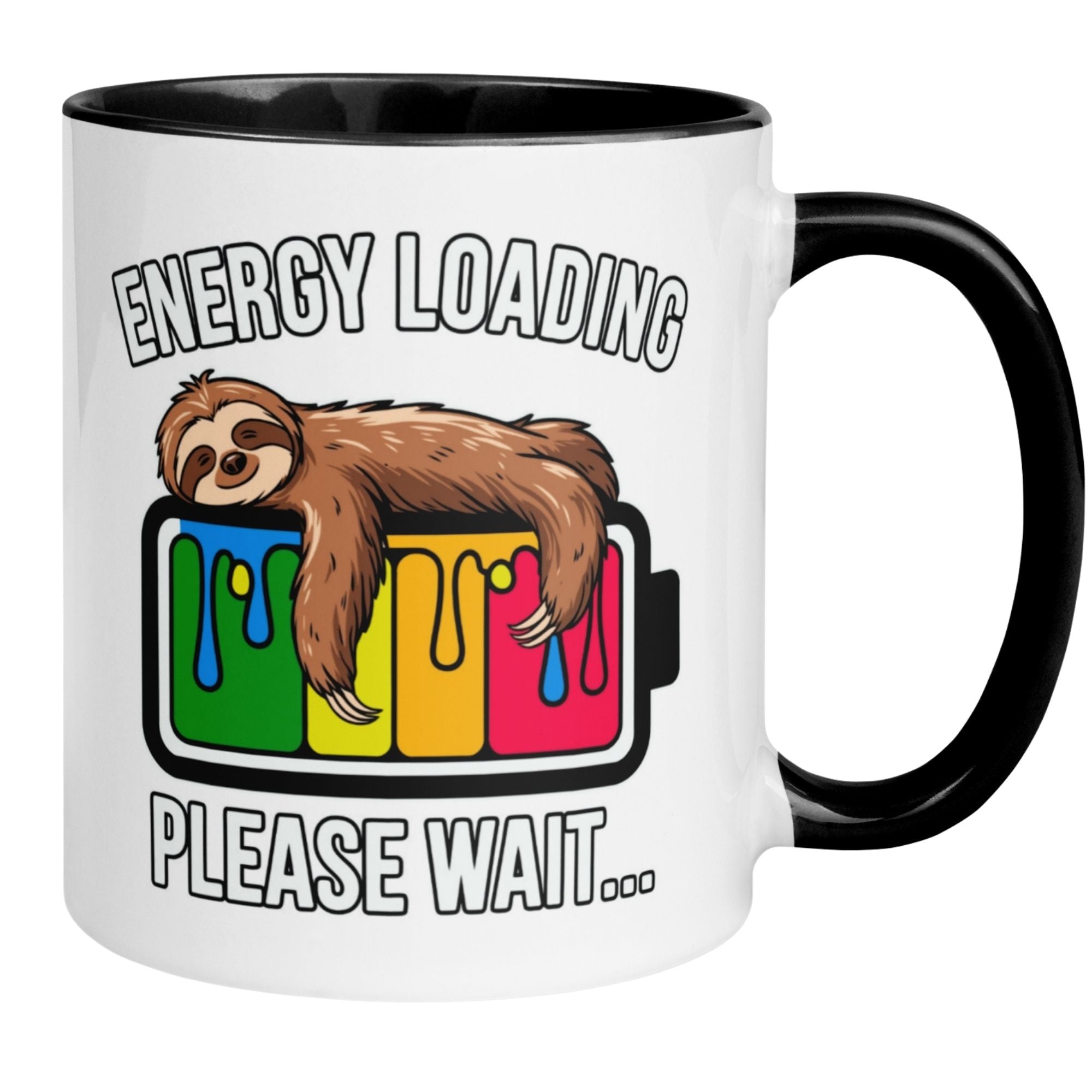Momentals Tasse mit Faultier und Spruch 'Energy Loading – Please Wait...' für entspannte Kaffeetrinker.