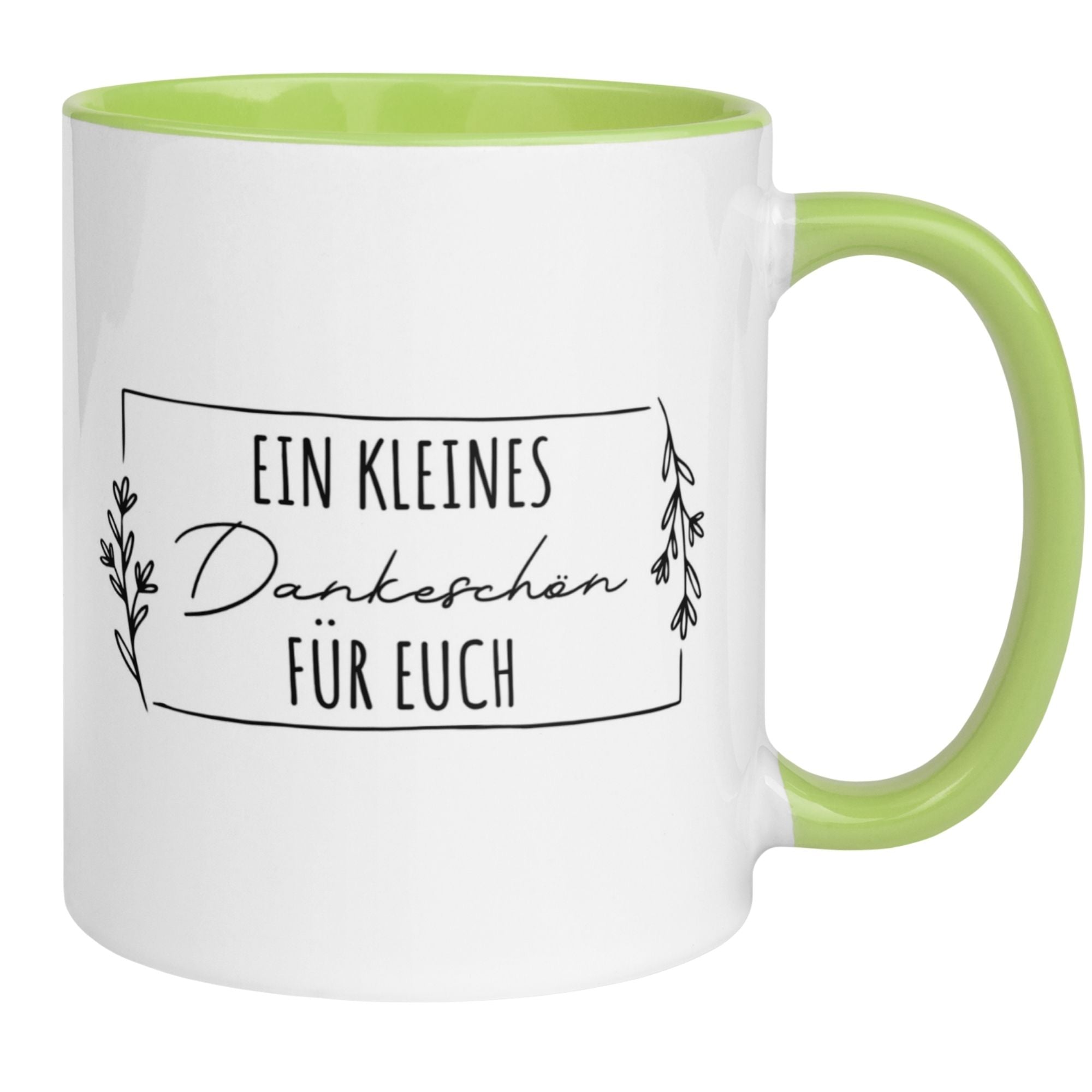 Momentals Tasse Danke mit grünem Henkel und Text 'Ein kleines Dankeschön für euch'