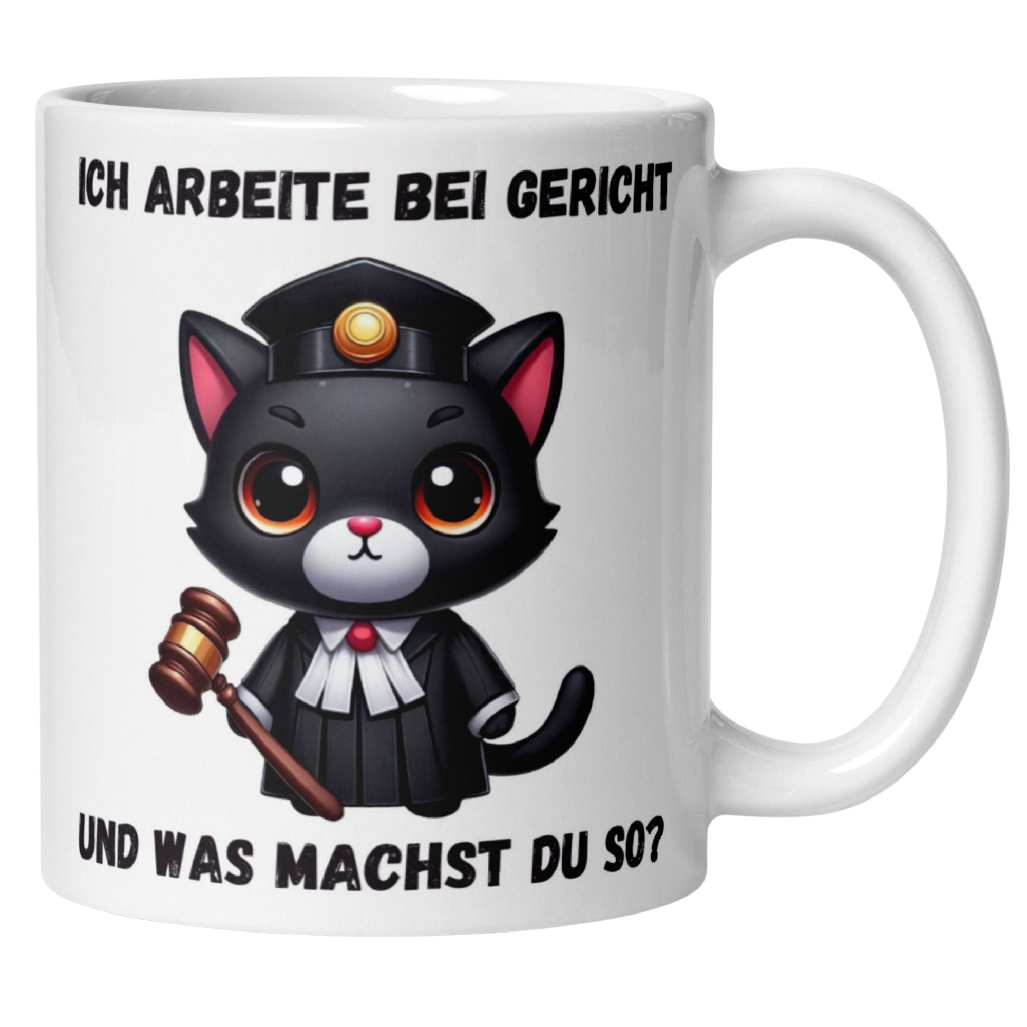 Momentals® Tasse mit niedlicher Katze im Richtergewand und Spruch für Juristen und Katzenliebhaber.