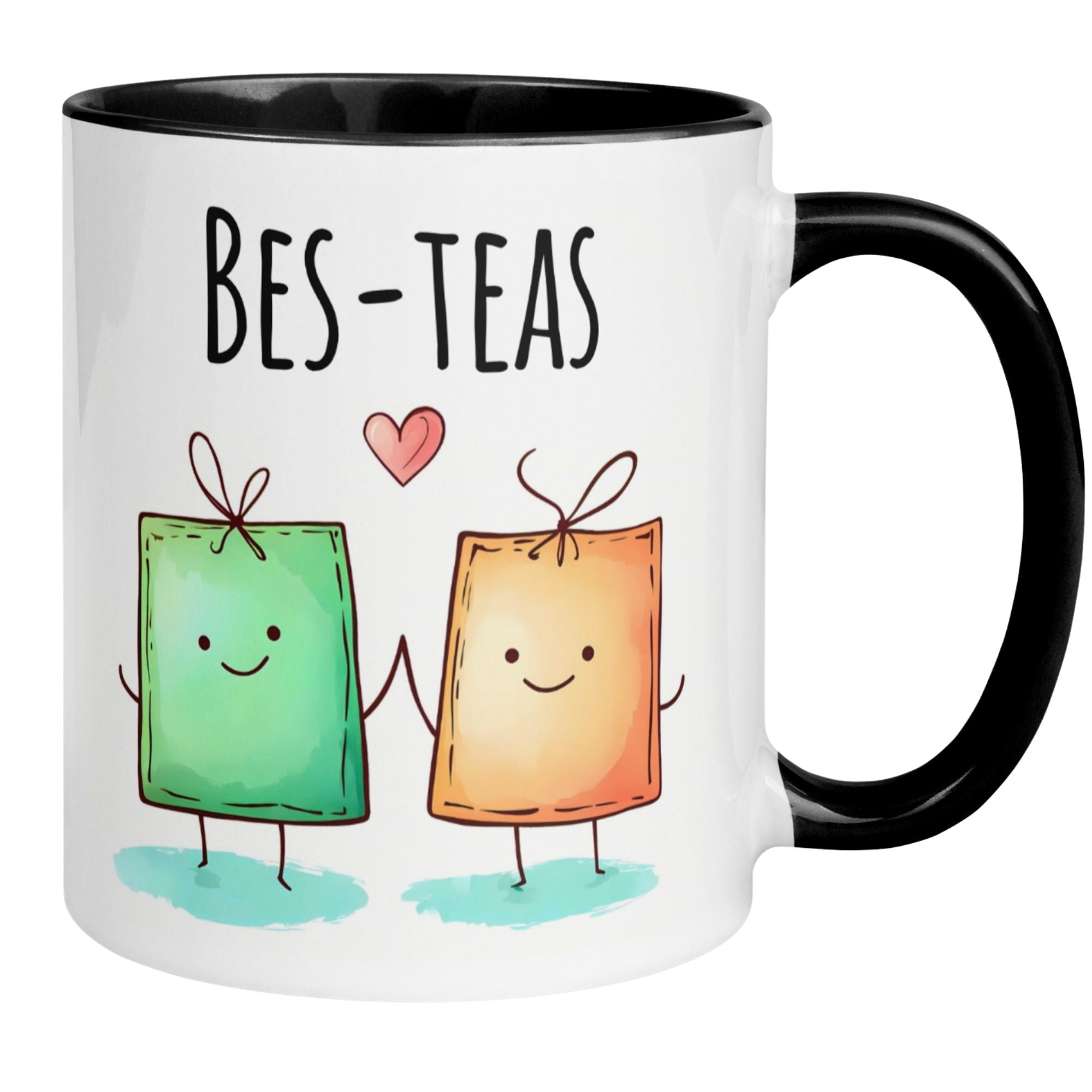 Momentals® Tasse mit Teebeuteln, die Händchen halten und den Spruch 'Bes-teas' - perfektes Geschenk für Freunde.