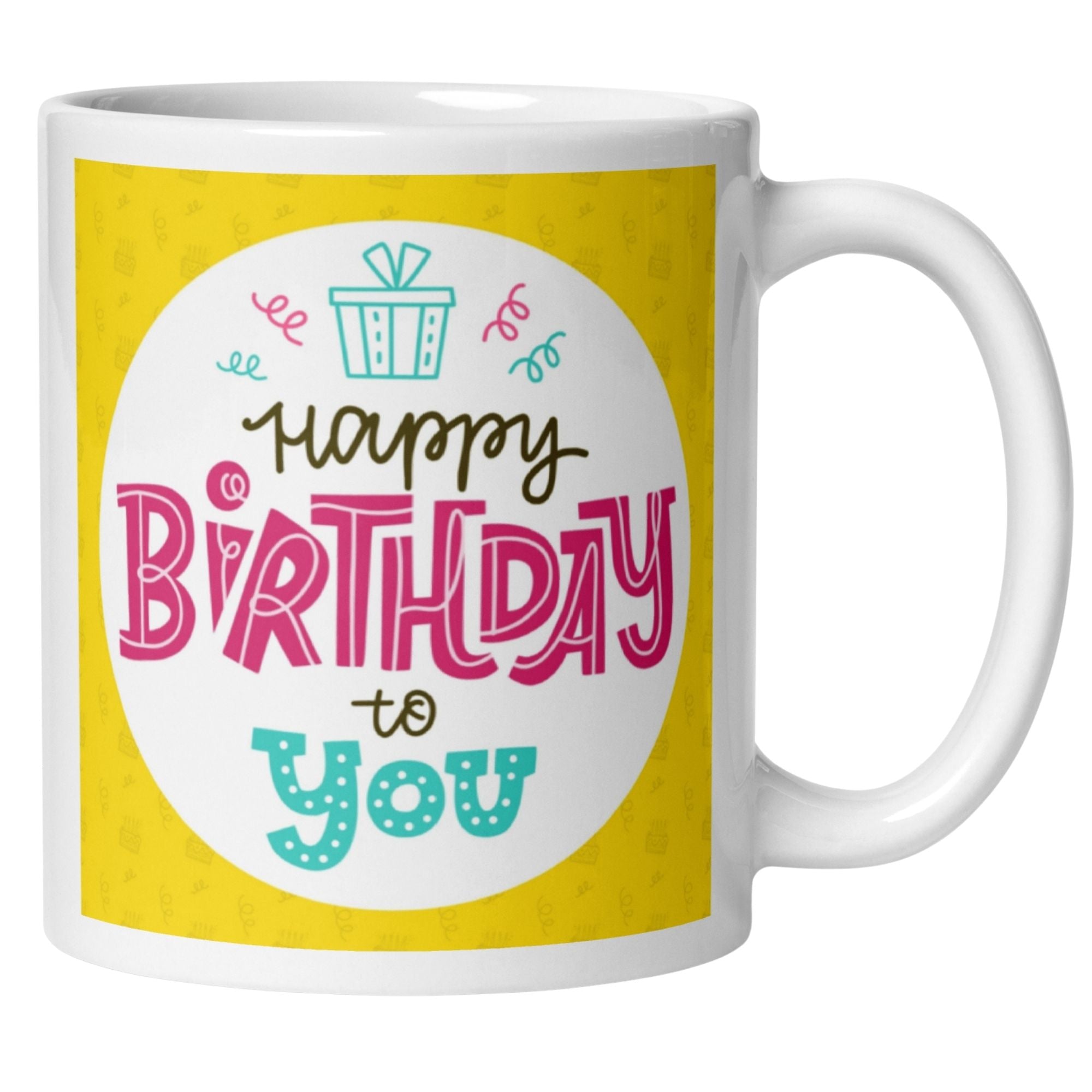 Happy Birthday mug with colorful typography on a bright yellow background, perfect for birthday celebrations.