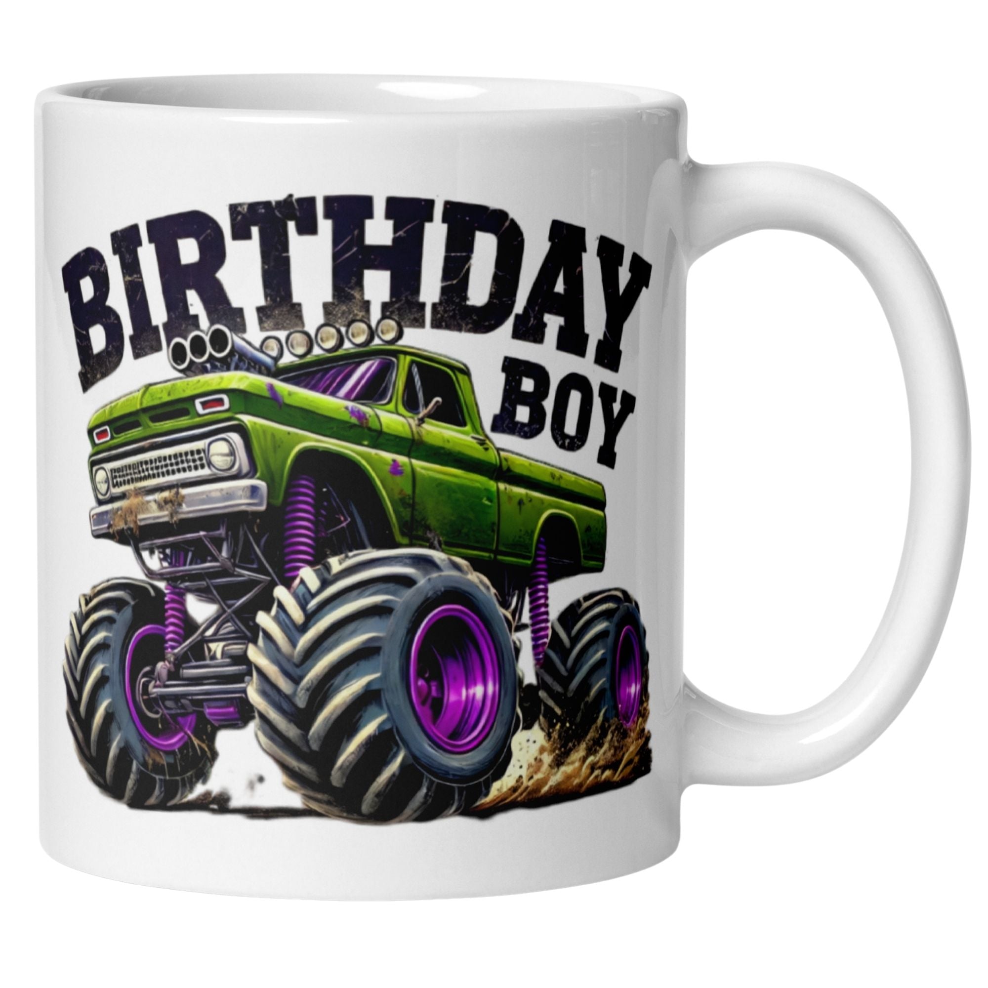 Momentals Tasse für den Geburtstag mit Monstertruck-Design und Text 'Birthday Boy' in farbenfrohem Comicstil.