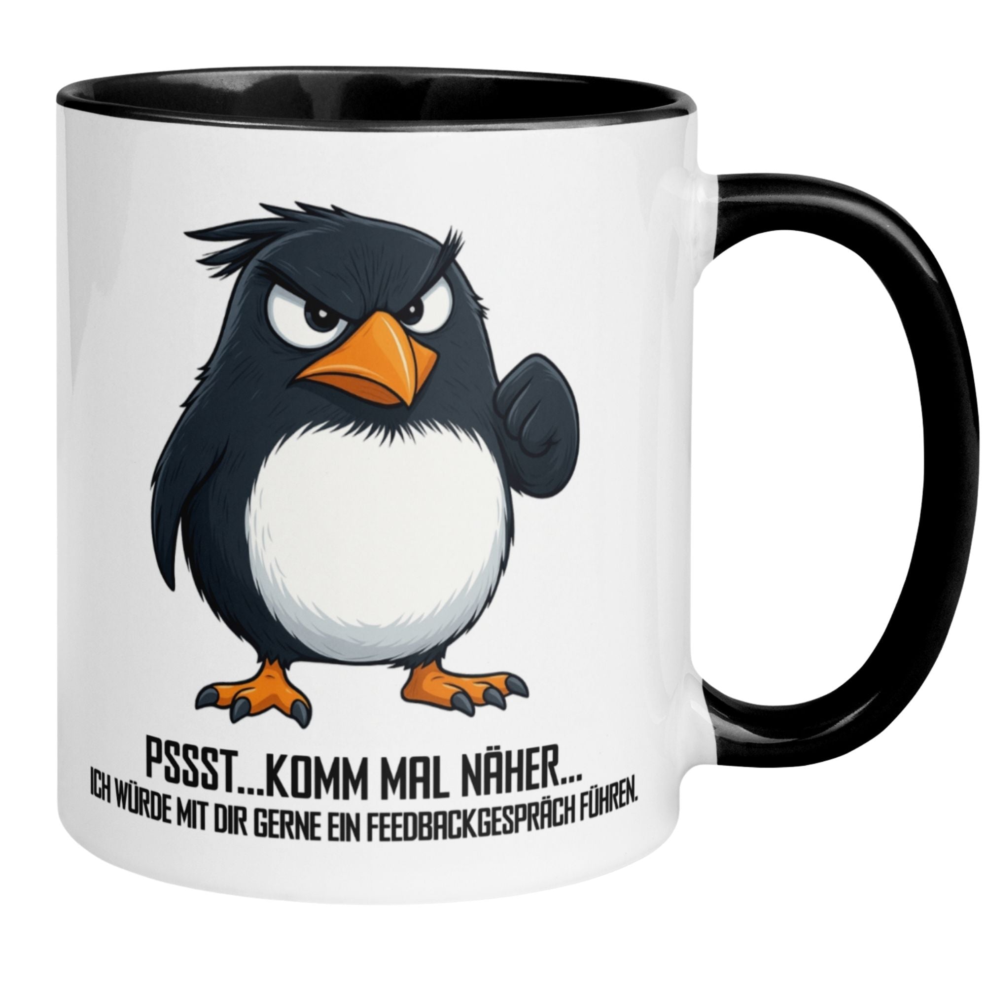 Humorous Momentals® mug featuring a penguin with the phrase 'Pssst... komm mal näher...' for morning grumps.