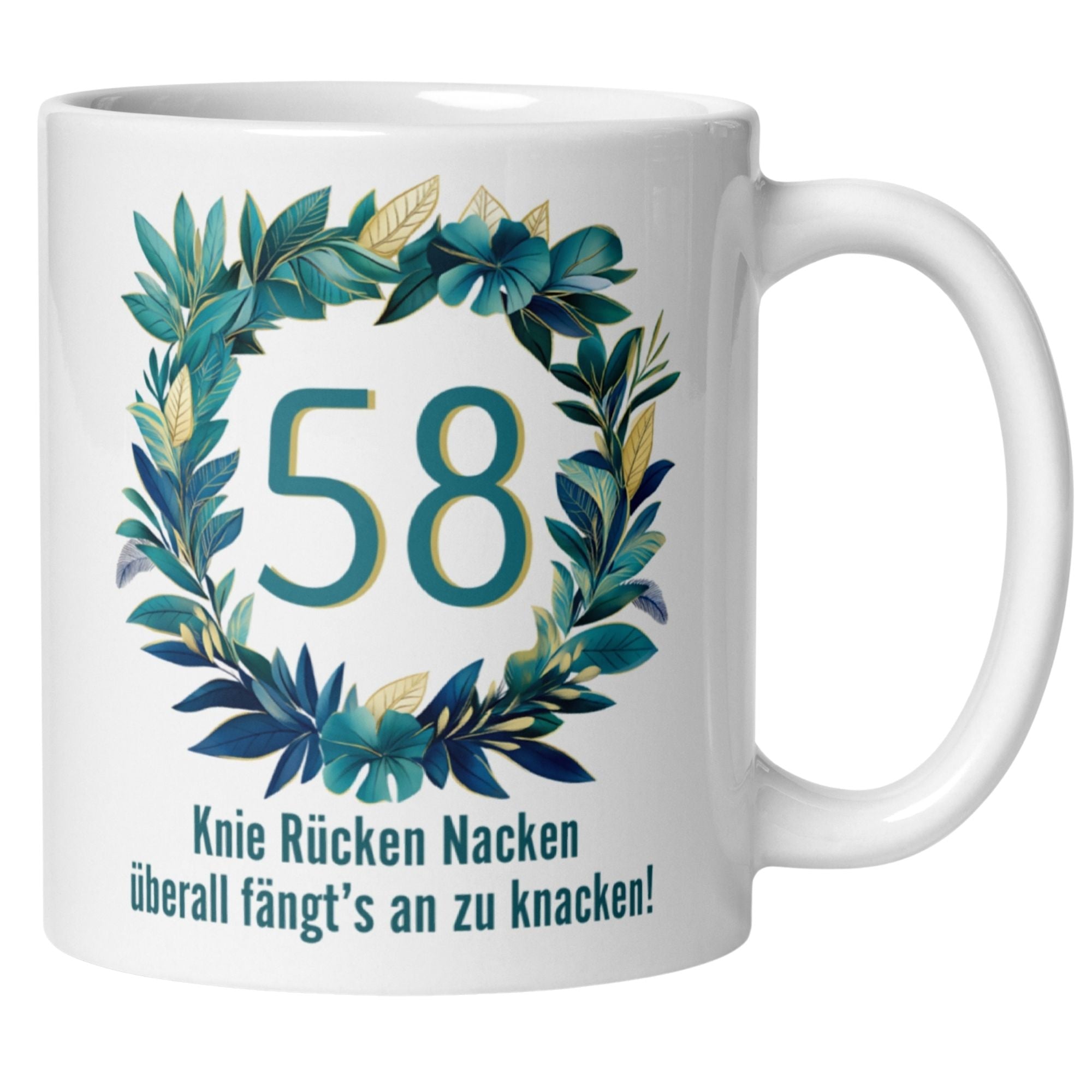Momentals Tasse zum 58. Geburtstag mit humorvollem Spruch über Knie und Rücken, ideale Geschenkidee.