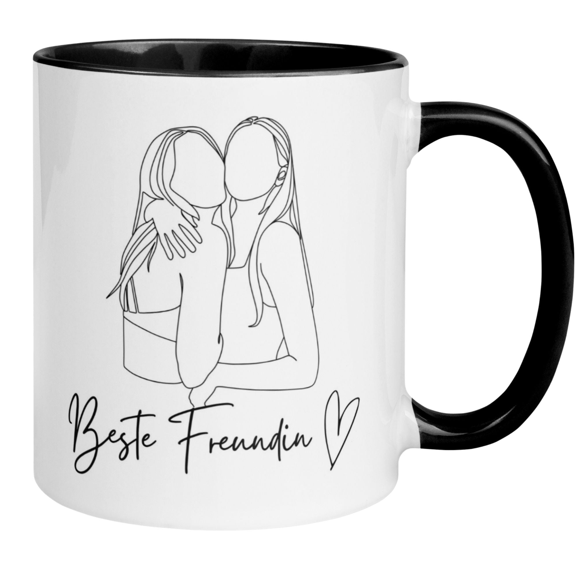 Momentals Tasse mit Linien-Art Motiv, zwei Frauen umarmen sich, perfekte Geschenkidee für beste Freundinnen.