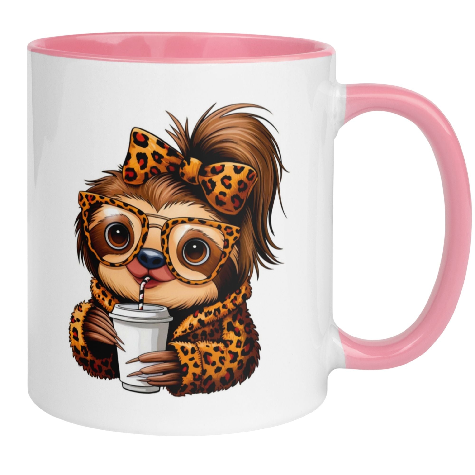 Kreative Tasse mit stylishem Faultier, großer Brille und Leo-Muster, perfekt für Kaffeeliebhaber.