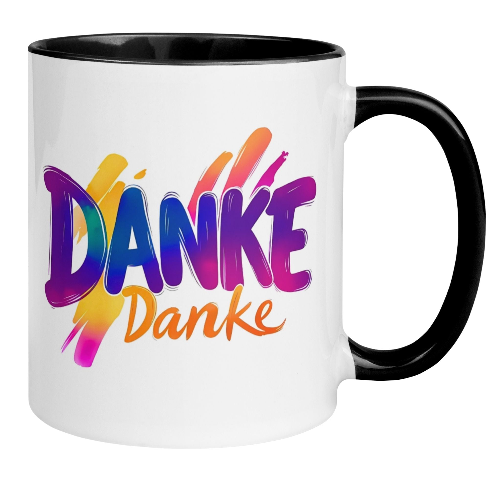 Bunte Momentals® Tasse mit dem Schriftzug 'Danke Danke' für wertschätzende Kaffeepausen.