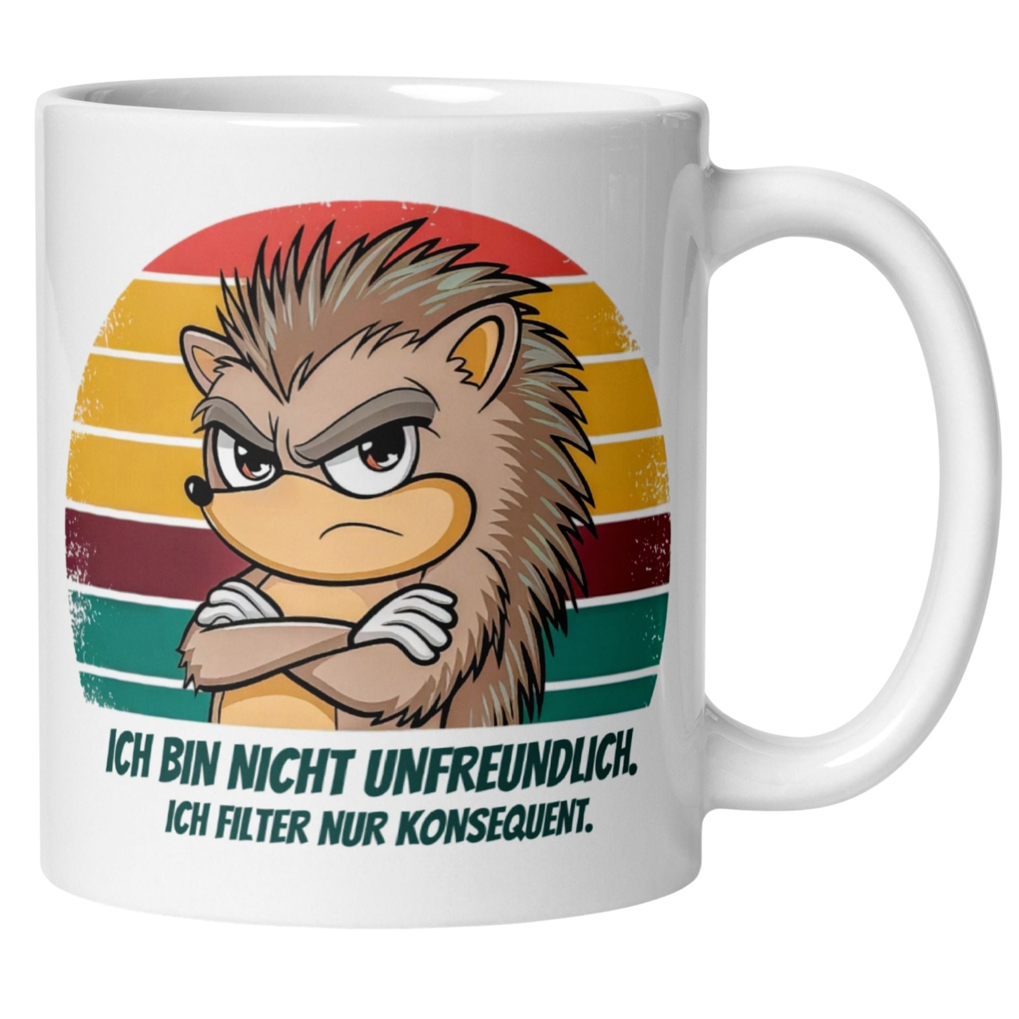 Mug with hedgehog illustration and quote: 'I am not unfriendly, I just filter consistently.'